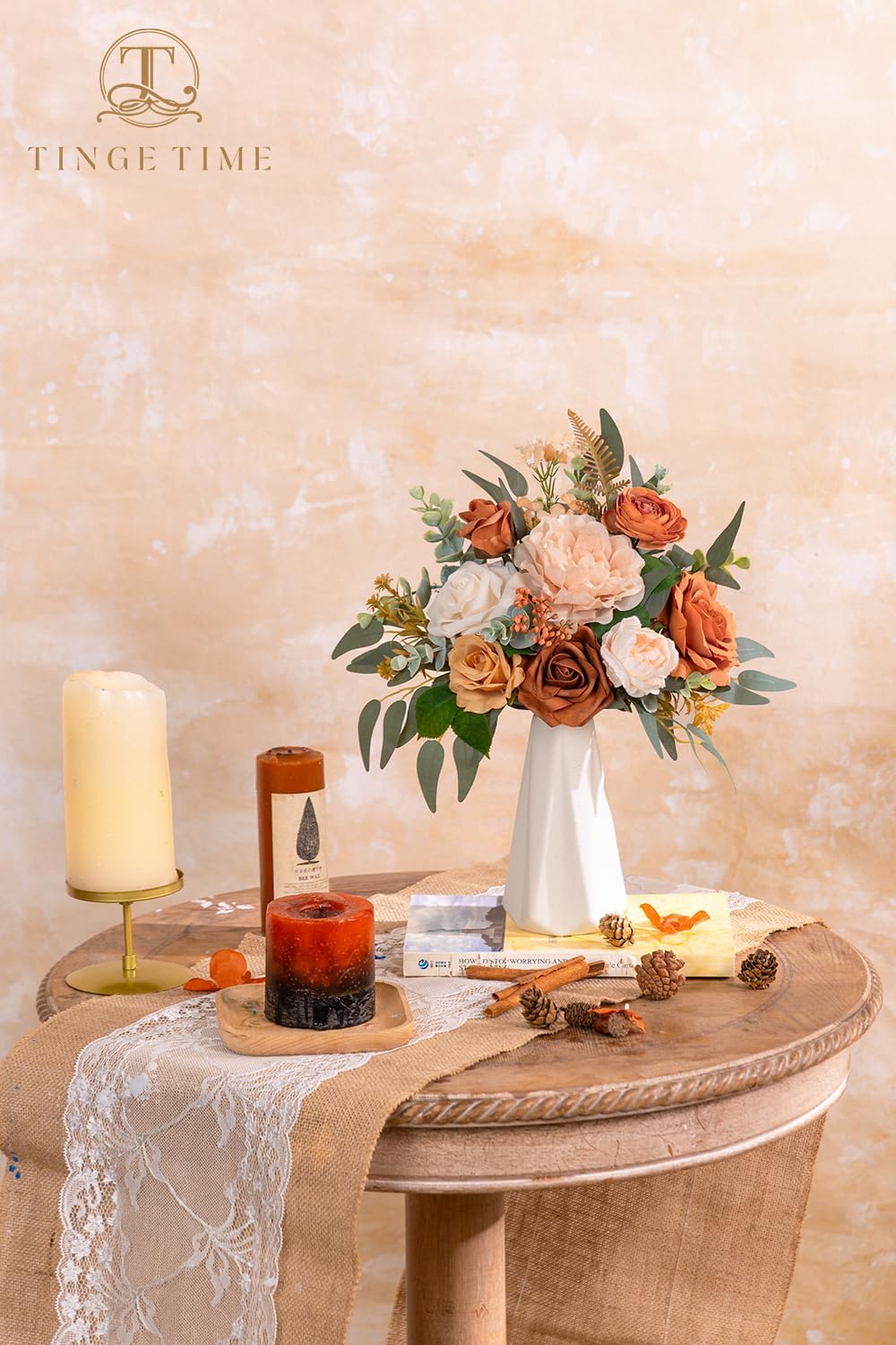 TINGE TIME 7 Inch Wedding Bouquets for Bridesmaid, Set of 4, Artificial Flowers Cascading Bridal Bouquet for Fall Wedding Ceremony Anniversary Bridal Shower and Rustic Vintage Wedding (Terracotta)