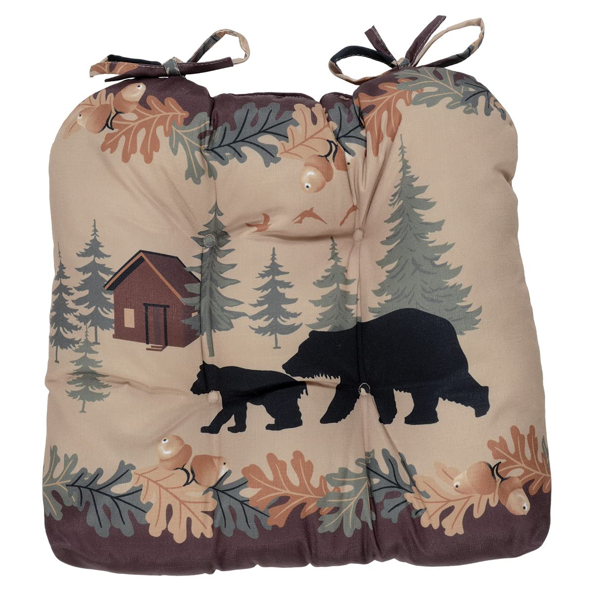 BLACK FOREST DECOR Cozy Cabin Bears Chair Pad - Rustic Kitchen Seat Cushion with Oak Leaf Border