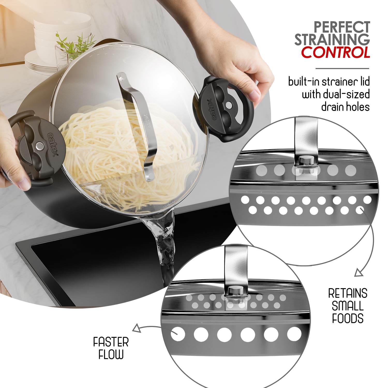 Eatex Pasta Pot with Strainer - 5 Quart Black -3