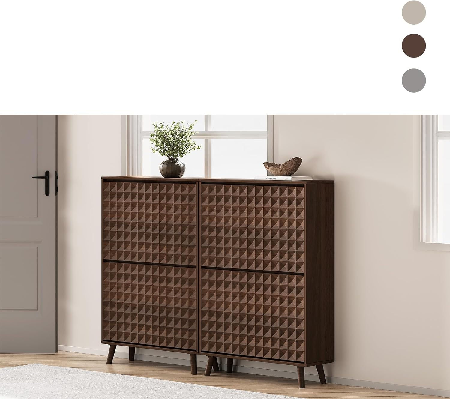 Shoe Cabinet - Shoe Storage Cabinet for Entryway with 2 Flip Drawers, Shoe Storage Organizer, Modern Diamond-Shaped Panel