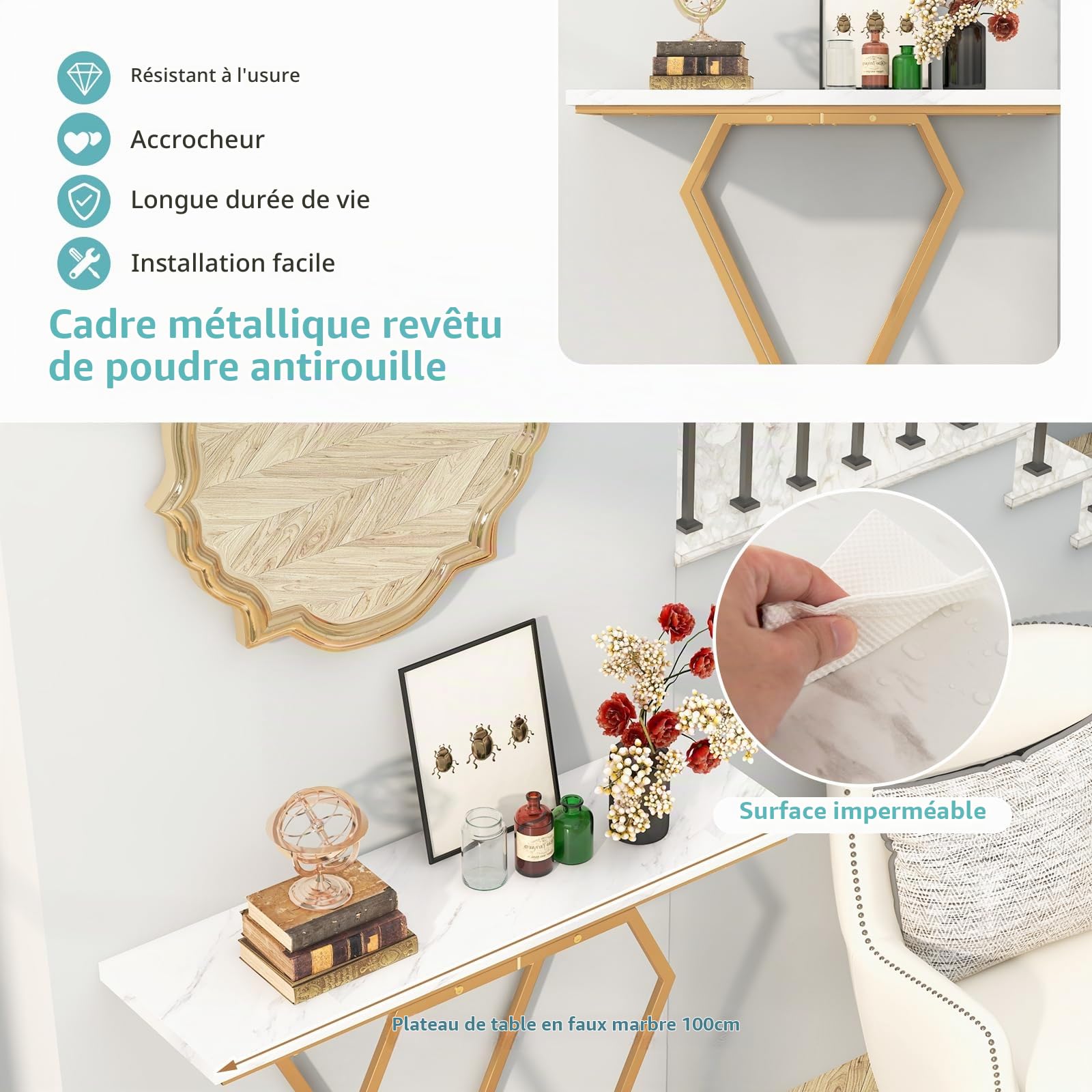 LIFEZEAL Table Console Plateau en Faux Marbre avec Cadre en Métal