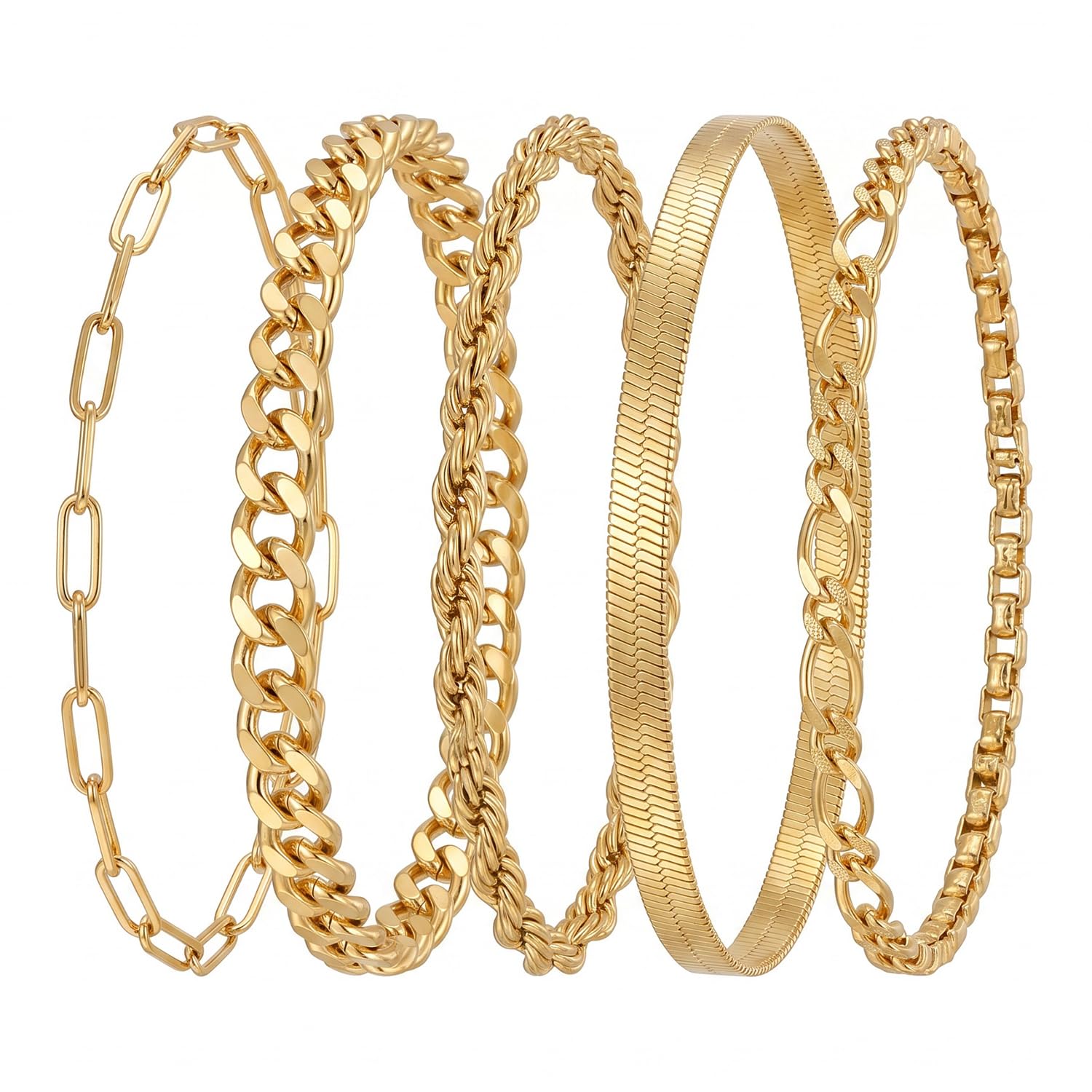 5 Pulseras de Oro para Mujer – Baño de Oro 16K, Brazaletes Apilables Ajustables, Joyas Elegantes Regalo para Damas