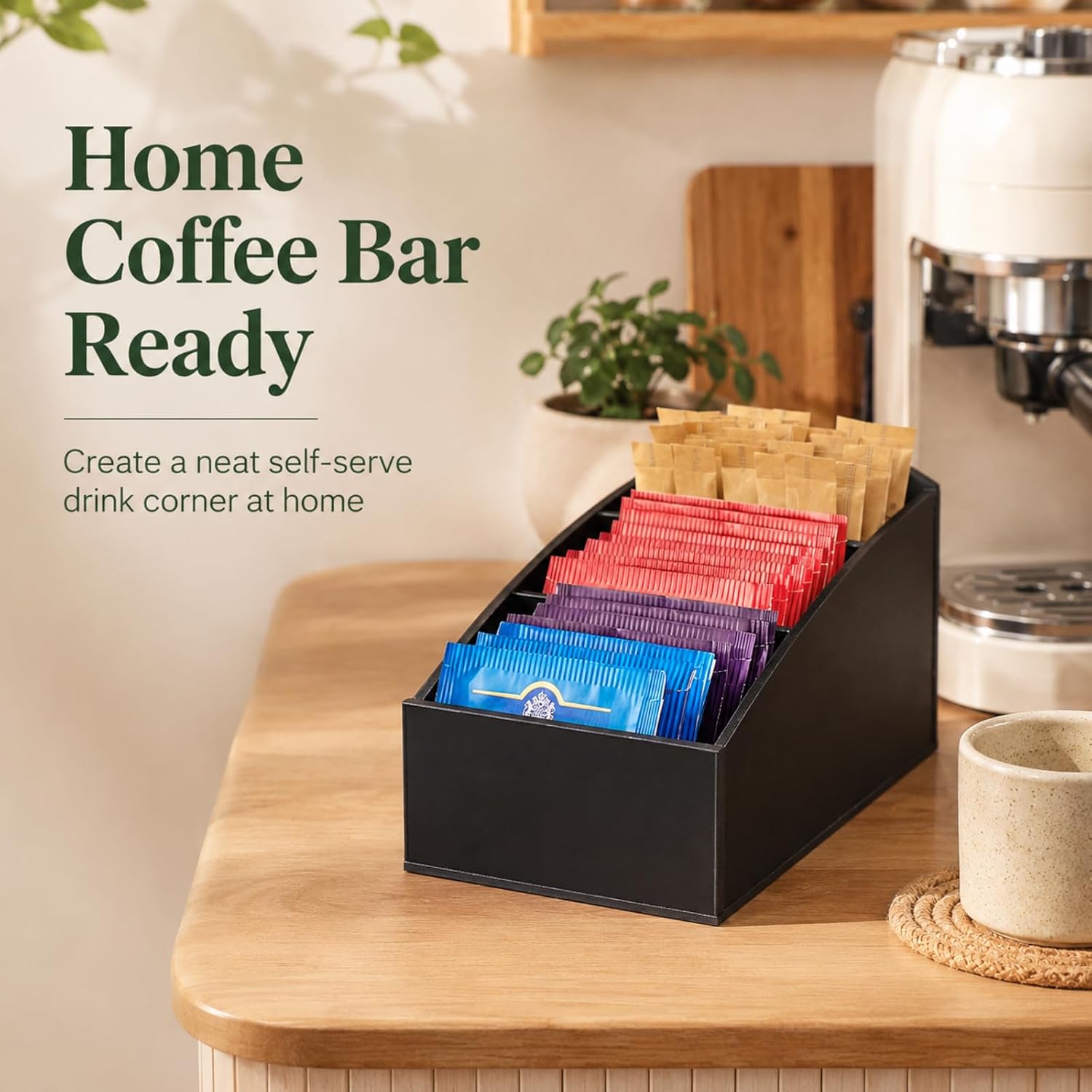 Zerodeko Sugar Packet Holder, Black Acrylic Tea Bag Organizer for Coffee Bar, 3-Compartment Countertop Packet Caddy for Sweetener, Drink Mix, Small Snacks, Kitchen Office Hotel Restaurant