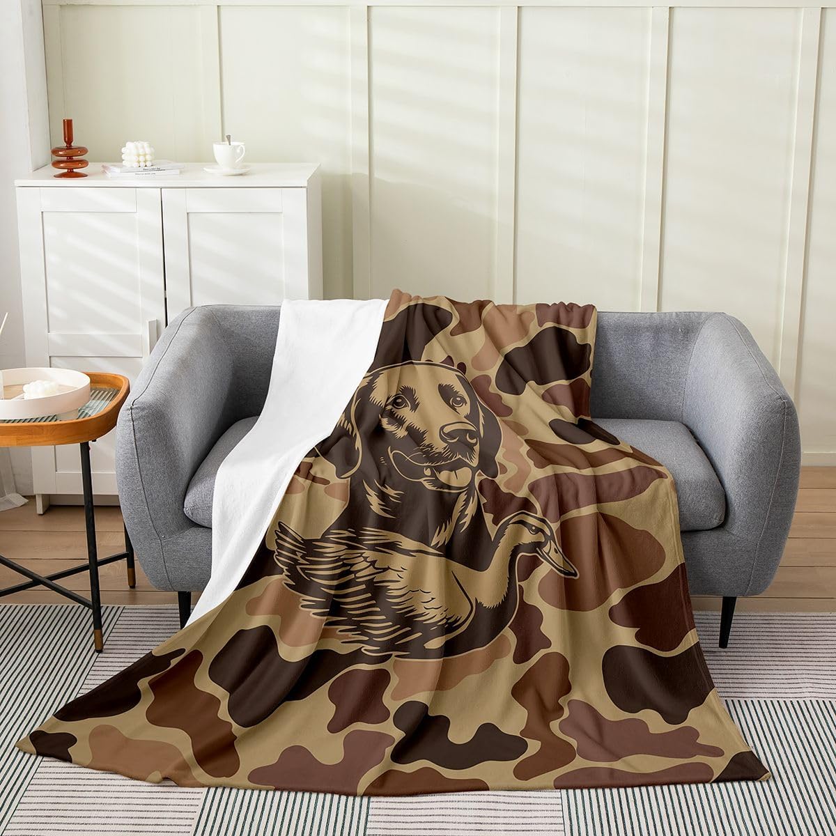 Manfei Vintage Brown Camo Flannel Blanket Hunting Camouflage Duck Hunters Throw Blanket Dog and Duck Cozy Throws for Bed Couch Sofa,Kids Boys Girls Room Decor,Soft and Breathable(90 x 90 Inches)