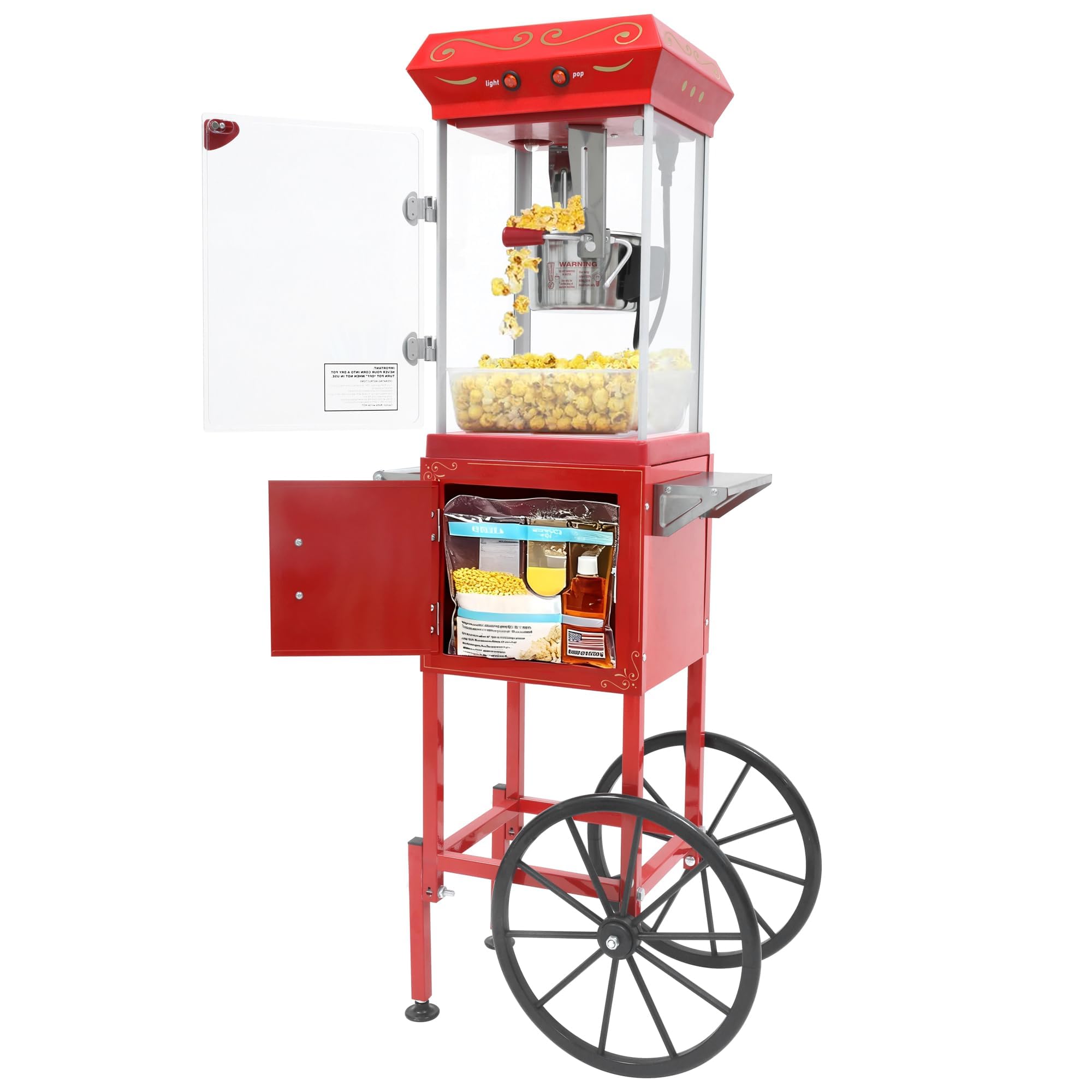 Popcorn Machine with Cart &amp; Wheels 8OZ - Pop corn Machine Maker with Stainless Steel Kettle, Popcorn Maker Machine for Home, Theater Style, Parties, Christmas, Outdoor Use,School, Red