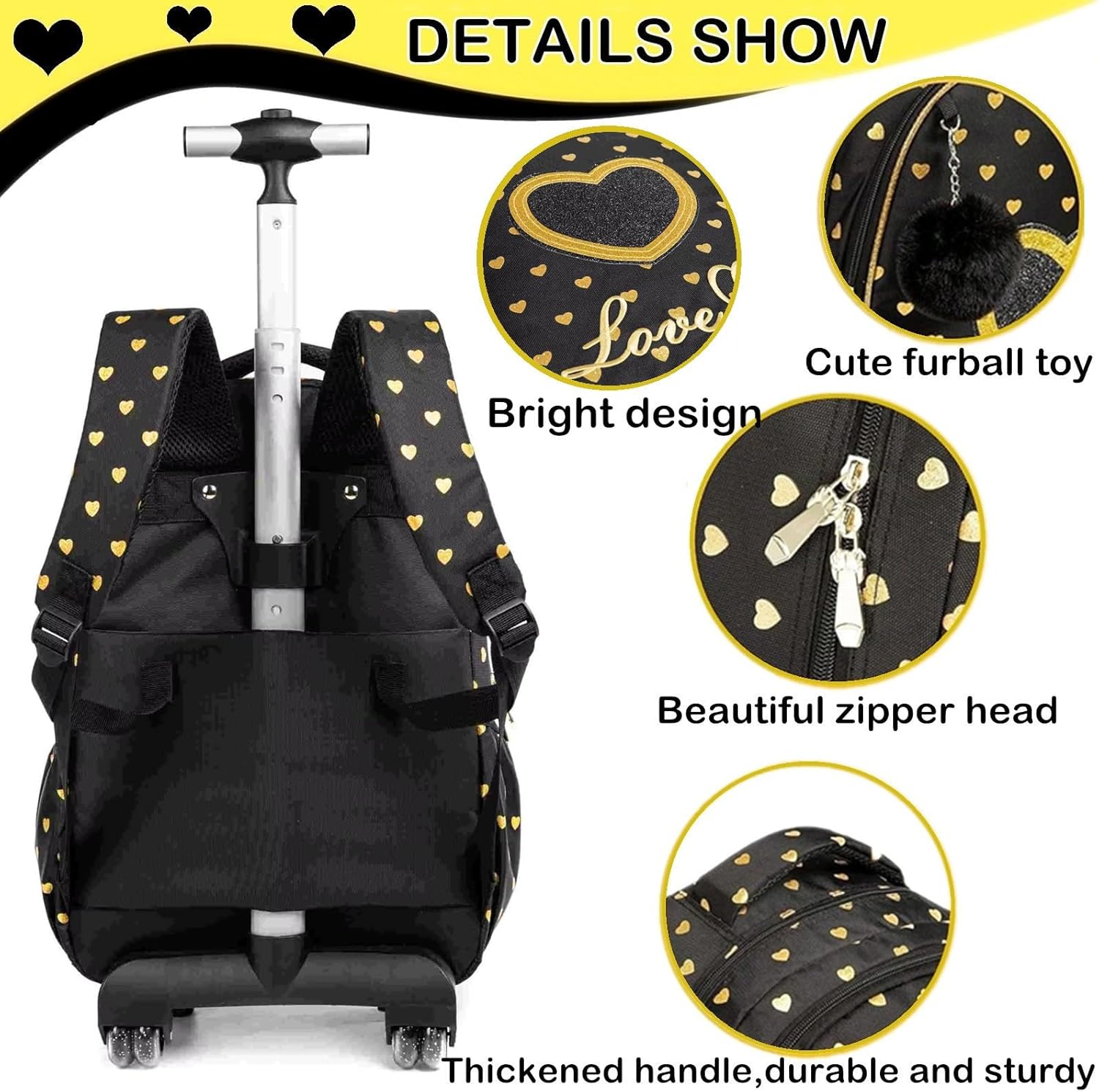 Girls Rolling Backpack for School Kids Wheeled Bookbag Set with Lunch Box Primary School Carry On Luggage with Wheels for Elementary Students Cute Daypack for Travel (12810T-3 Black) - Image 4