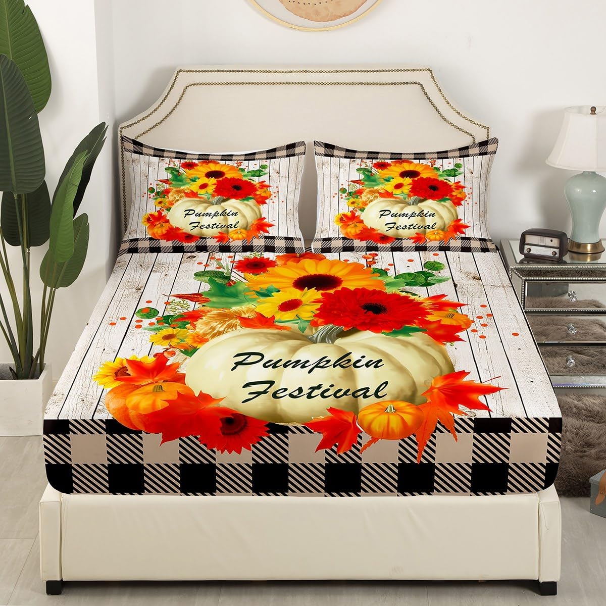 Fall Pumpkin Fitted Sheet Sunflowers Geometric Plaid Bedding Set for Boys Girls Rustic Farmhouse Bed Sheet Set Breathable Maple Leaves Bed Cover Room Decor Twin Size
