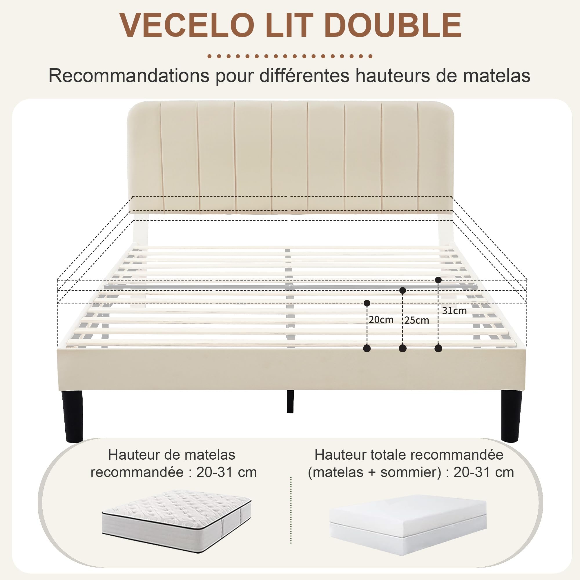 VECELO Lit Double Rembourré 140x190 cm, Support à Lattes en Bois Solide, Tissu Velours, Facile à Assembler, Beige