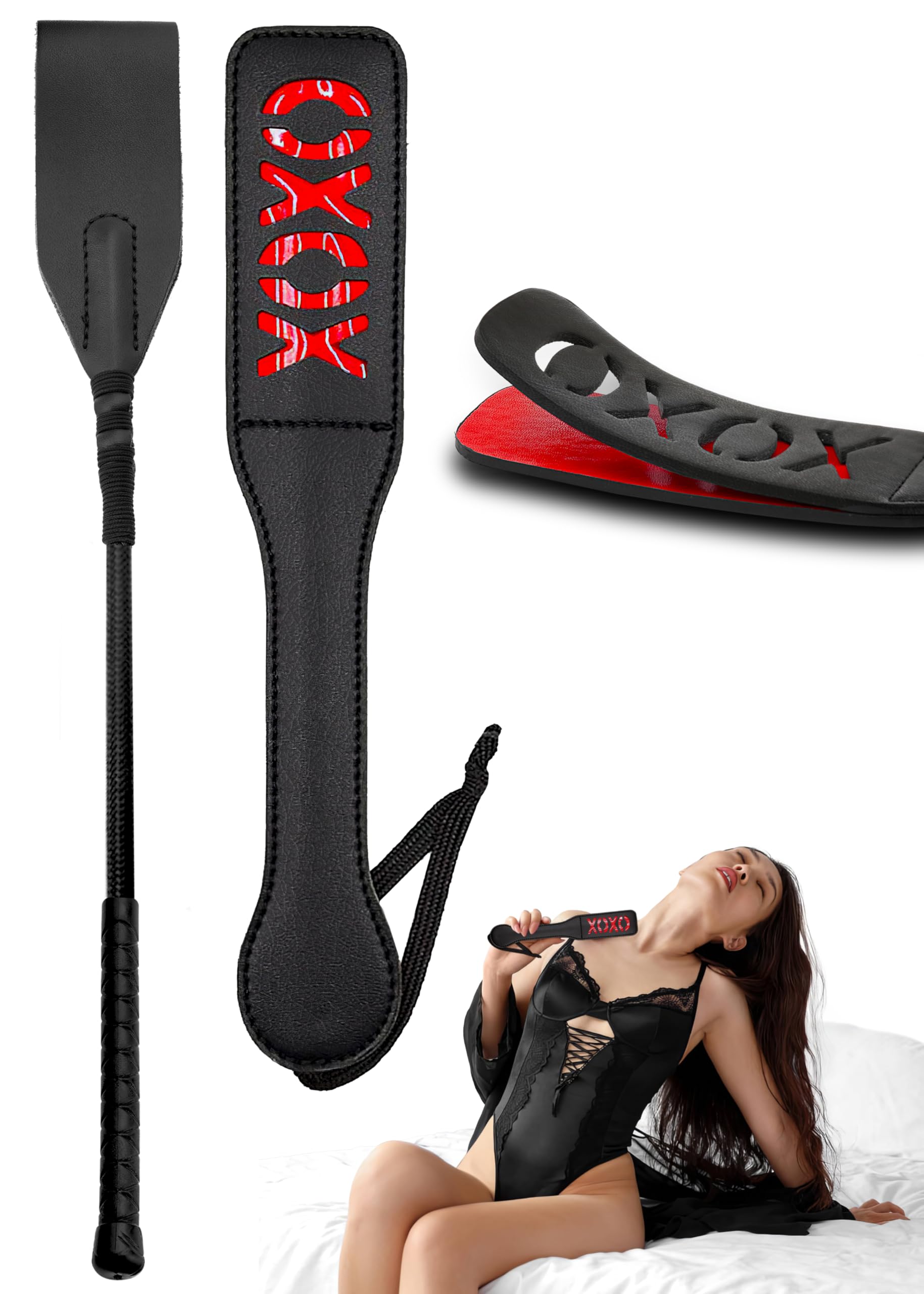 Adult Sex Crop 17 Inch and 12 Inch Spanking Paddle for Adults – Faux Leather BDSM Fetish Bondage SM Toys for Couples Play