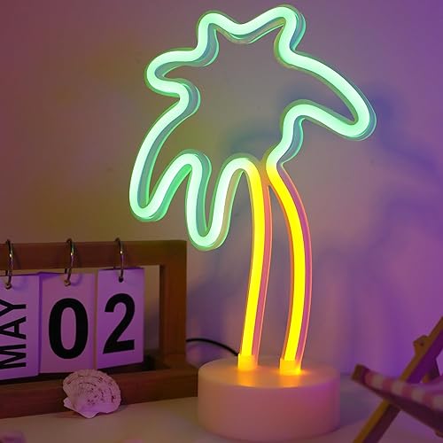 Miniatura 8 de ENUOLI Letreros de neón de palmera de coco LED con batería, alimentados por USB, luz de neón con base de soporte para suministros de fiesta,