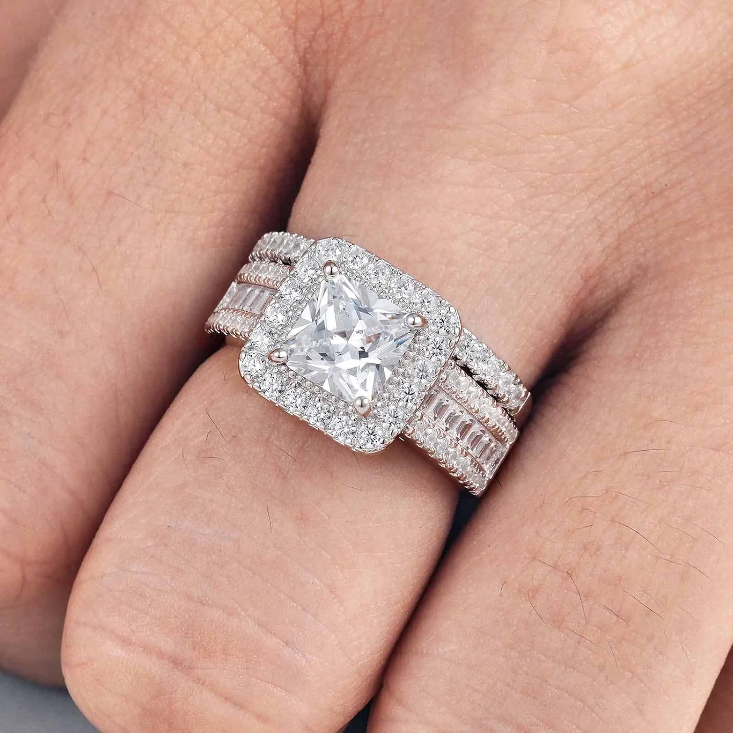 Womens Princess Cut Bridal Ring Sets 925 Sterling Silver CZ Halo Wedding Rings Set for Her Engagement Promise Rings Band Cubic Zirconia for Women Size 5-10 - Image 5