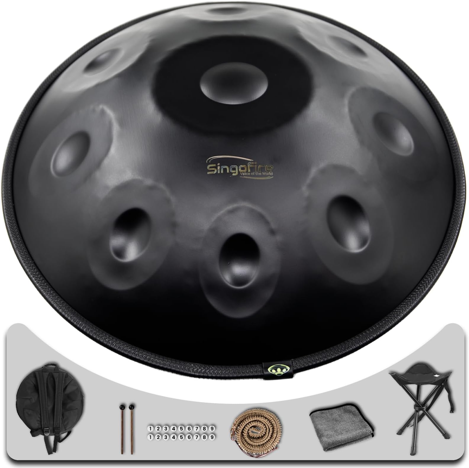 "SINGOFIRE" 10-Notes Handpan Drum, Handpan Drums for Adults, 22-Inch 440Hz D Minor Kurd, HandPan Instrument with Soft Handpan Bag, 2 Mallets, Handpan Stand and Dust-Free Cloth(Black)