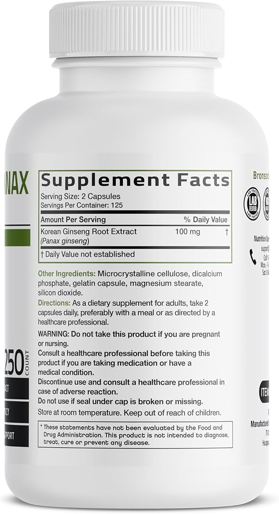 Bronson Korean Panax Ginseng High Potency Root Extract, 250 Capsules