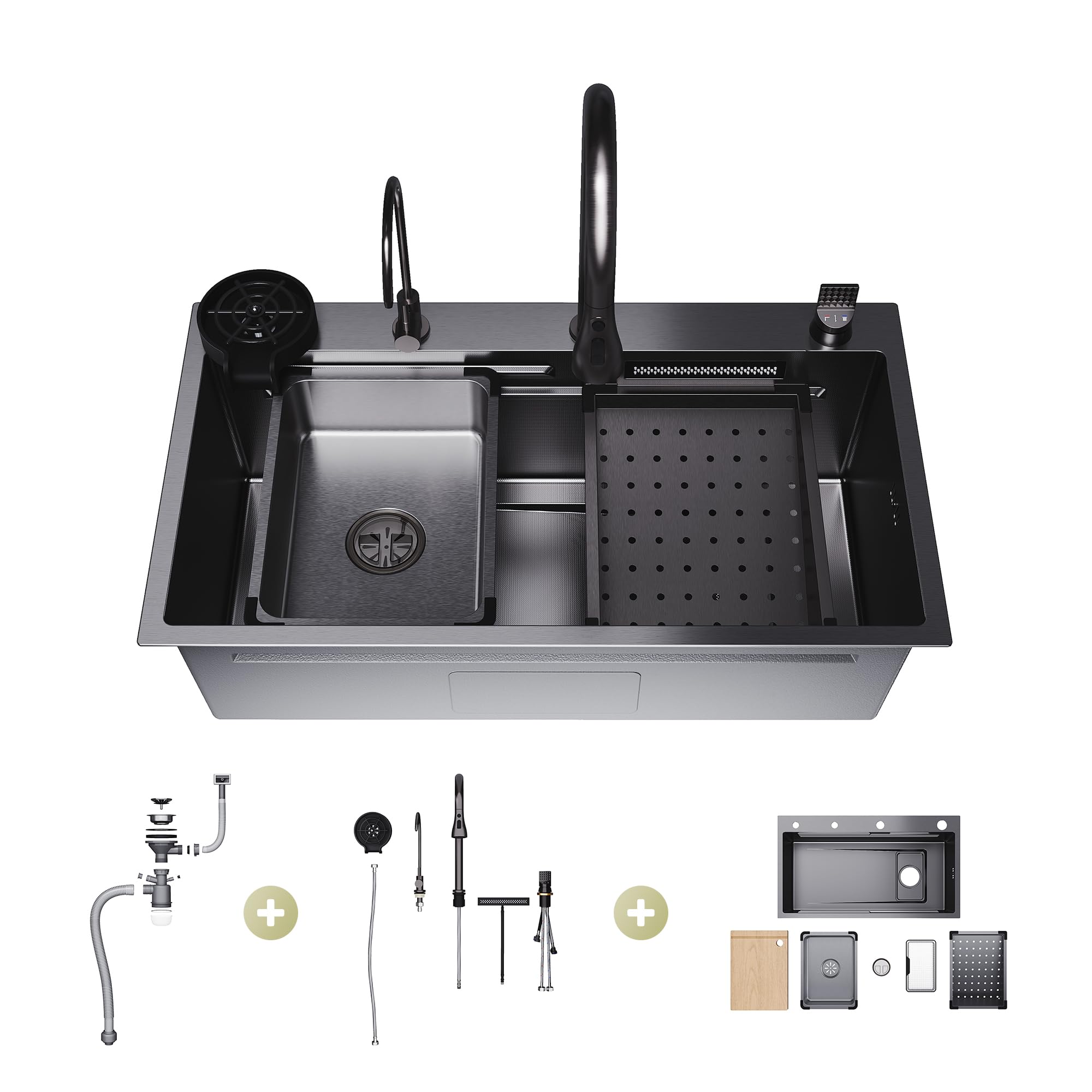 Sirhona - Fregadero de cocina multifunción, 80 x 45 cm, con grifo retráctil, bandeja de goteo + cesta de goteo + enjuague de vidrio+tabla de cortar, fregadero de cocina, accesorios de fregadero