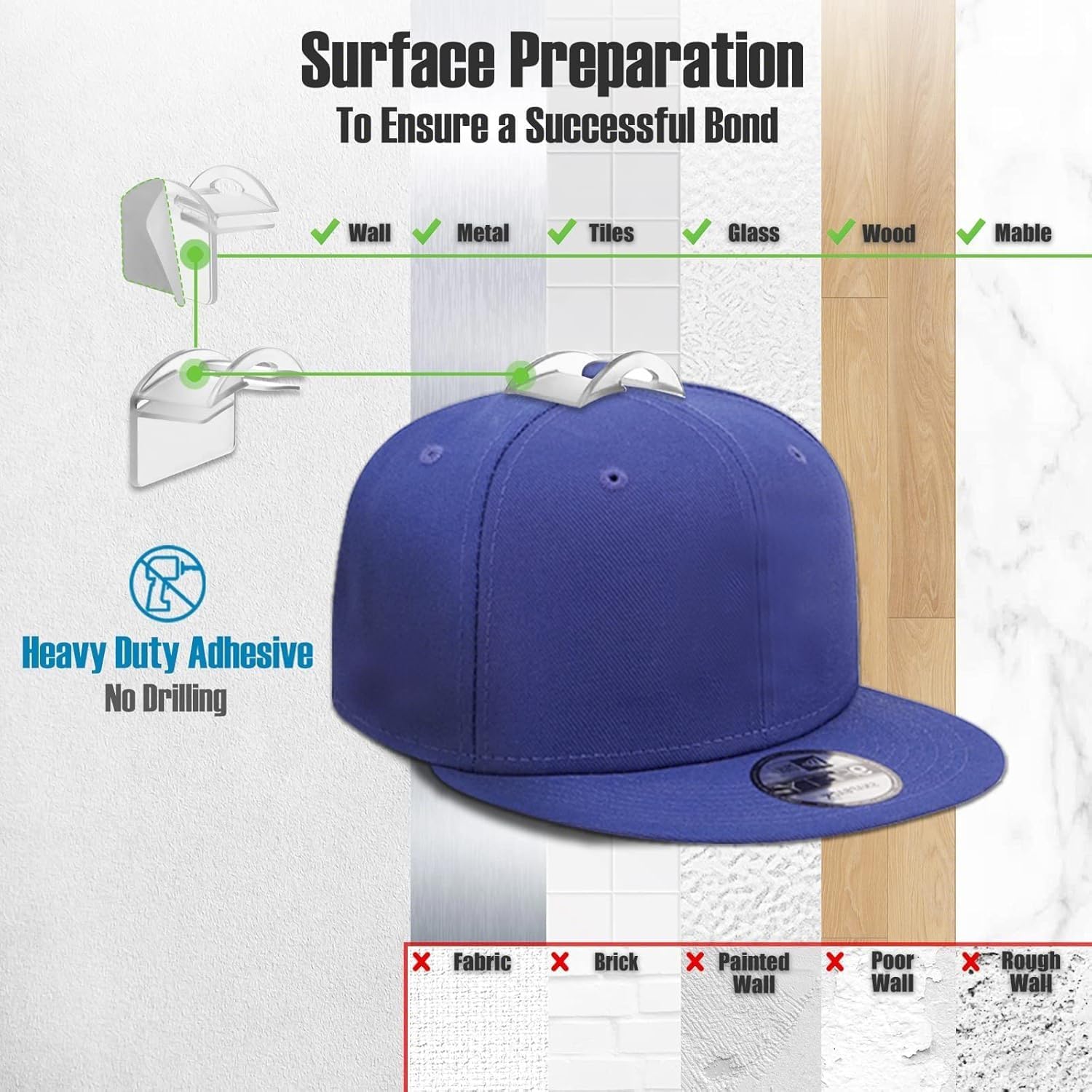Hat Hangers for Wall, Stronge Adhesive Hat Holders Display, No Driling Caps Holder Organizer, 20 Pack Hat Hook for Baseball Caps, Wall Mounted Cap Rack, Clear