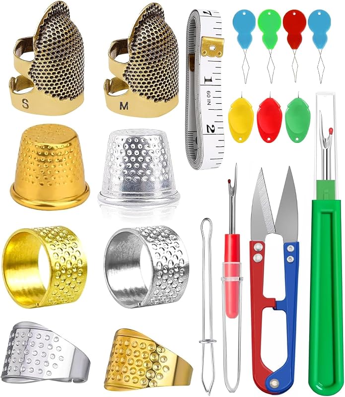 CousDUoBe 20 Pcs Sewing Thimble Kit,thimbles for Hand Sewing，Needle threaders，Seam Rippers for Sewing，Measuring Tape and Thread Snips, Hand Embroidery Craft（Complete Sewing Kit）