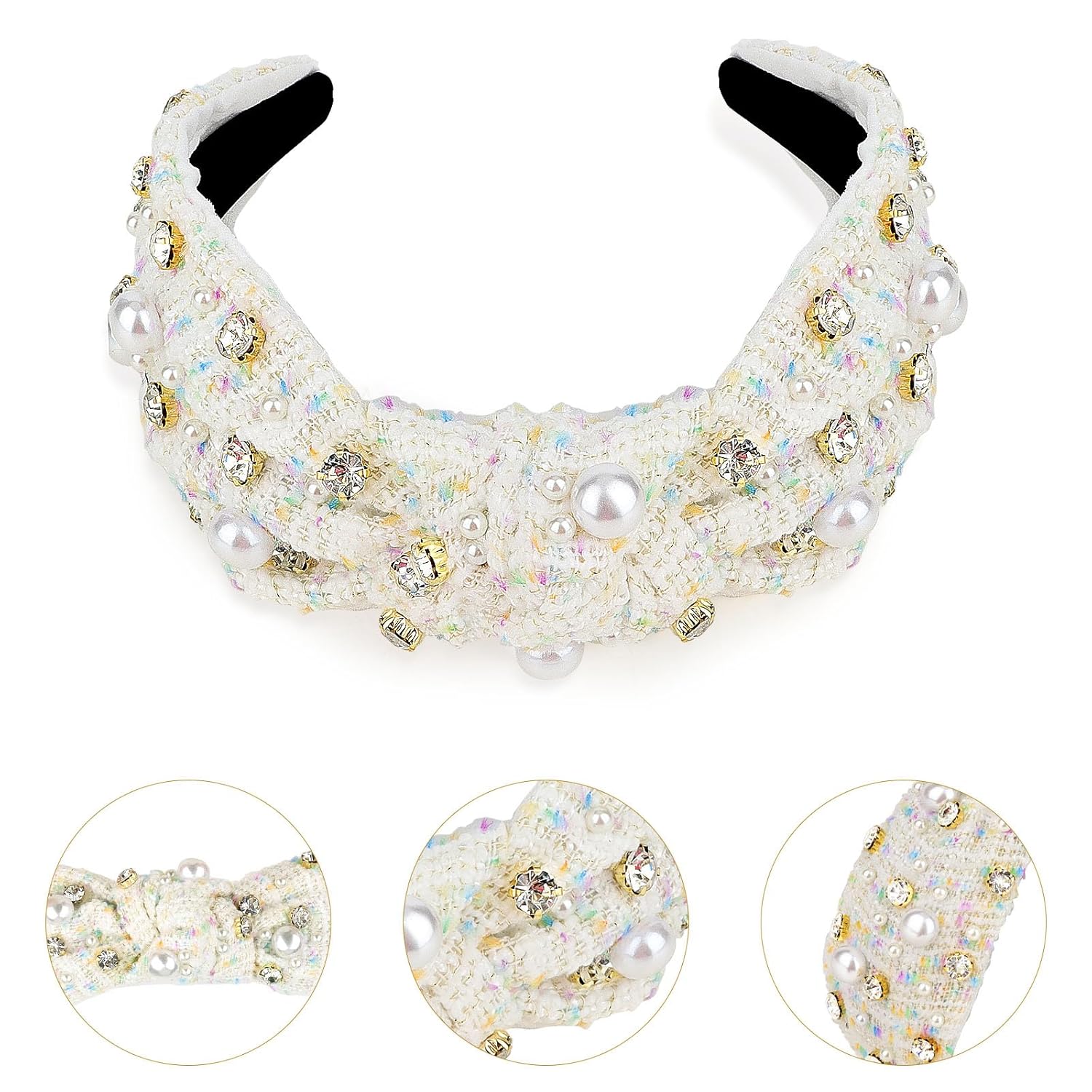 CURASA Knotted Headband For Women Girls White Pearl Rhinestone Checkered Head Band Non Slip Elegant Wide Hairband Top Knot Trendy Bride Headpiece Crystal Beaded Jeweled Embellished Hair Accessories - Image 4