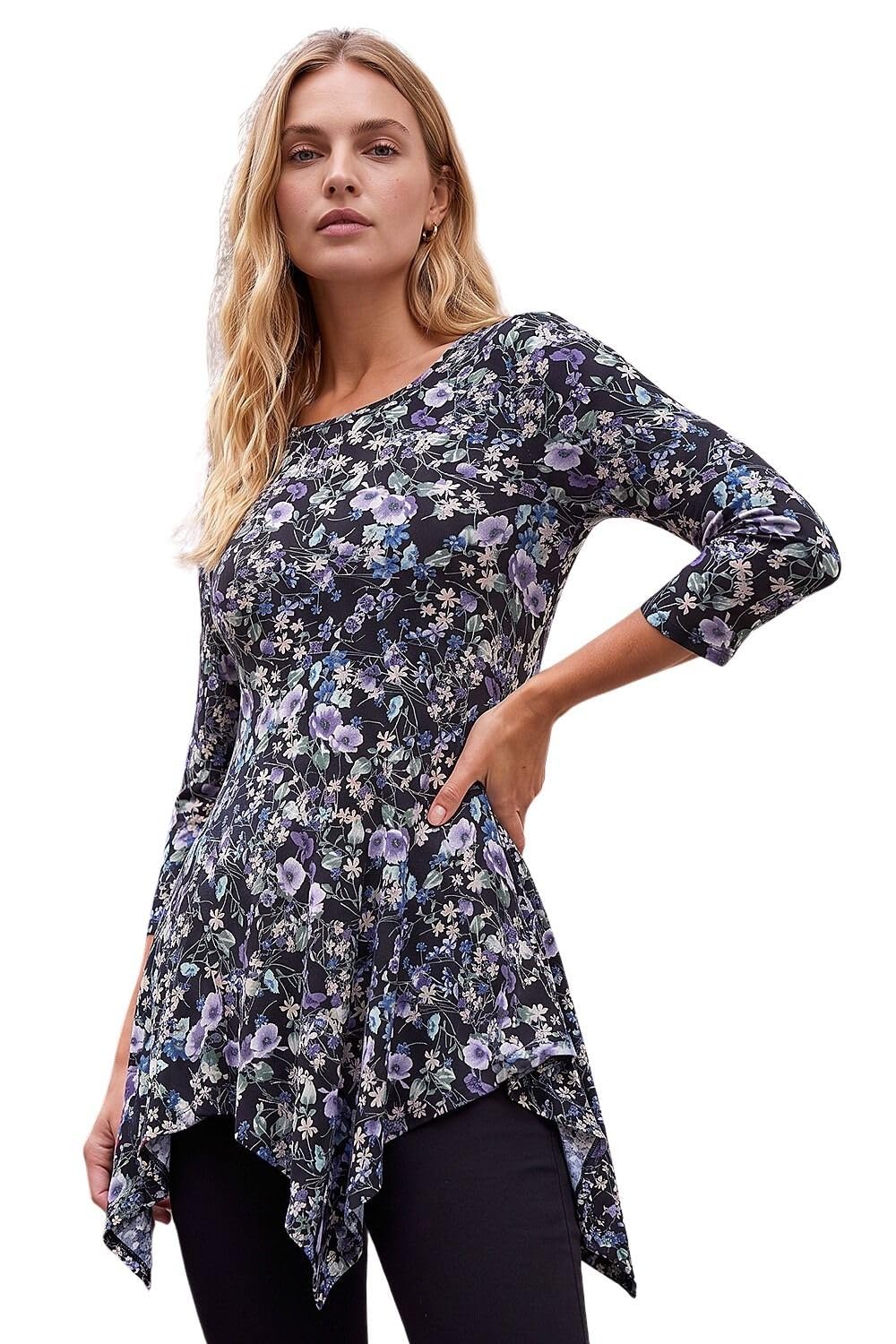Roman Originals Women's Purple Multi Asymmetric Top Hanky Hem Blouse Stretchy Tunic Occasion Smart Casual Summer Sprint Winter Autumn Cocktail Party Evening 3/4 Short Sleeve - Size 20