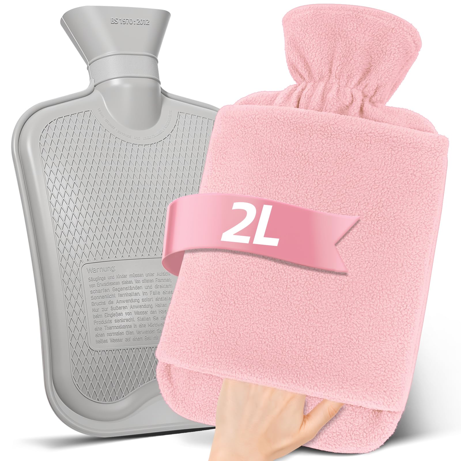 MUPAS Wärmflasche mit Vliesbezug –2L Große Auslaufsicher Bettflasche –Weicher Wärmflaschen mit Känguru Tasche +Naturkautschuk –Hot Water Bag für Kinder & Erwachsene –Zur Schmerzlinderung