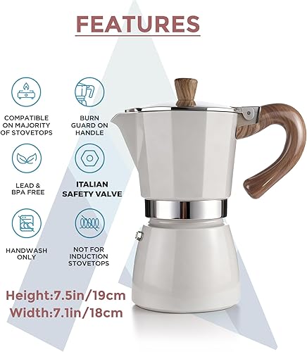 Miniatura 7 de AGOGO Milano Moka - Máquina de café expreso con 100 filtros de papel para café sin sedimentos, greca italiana clásica con mango de grano de madera,