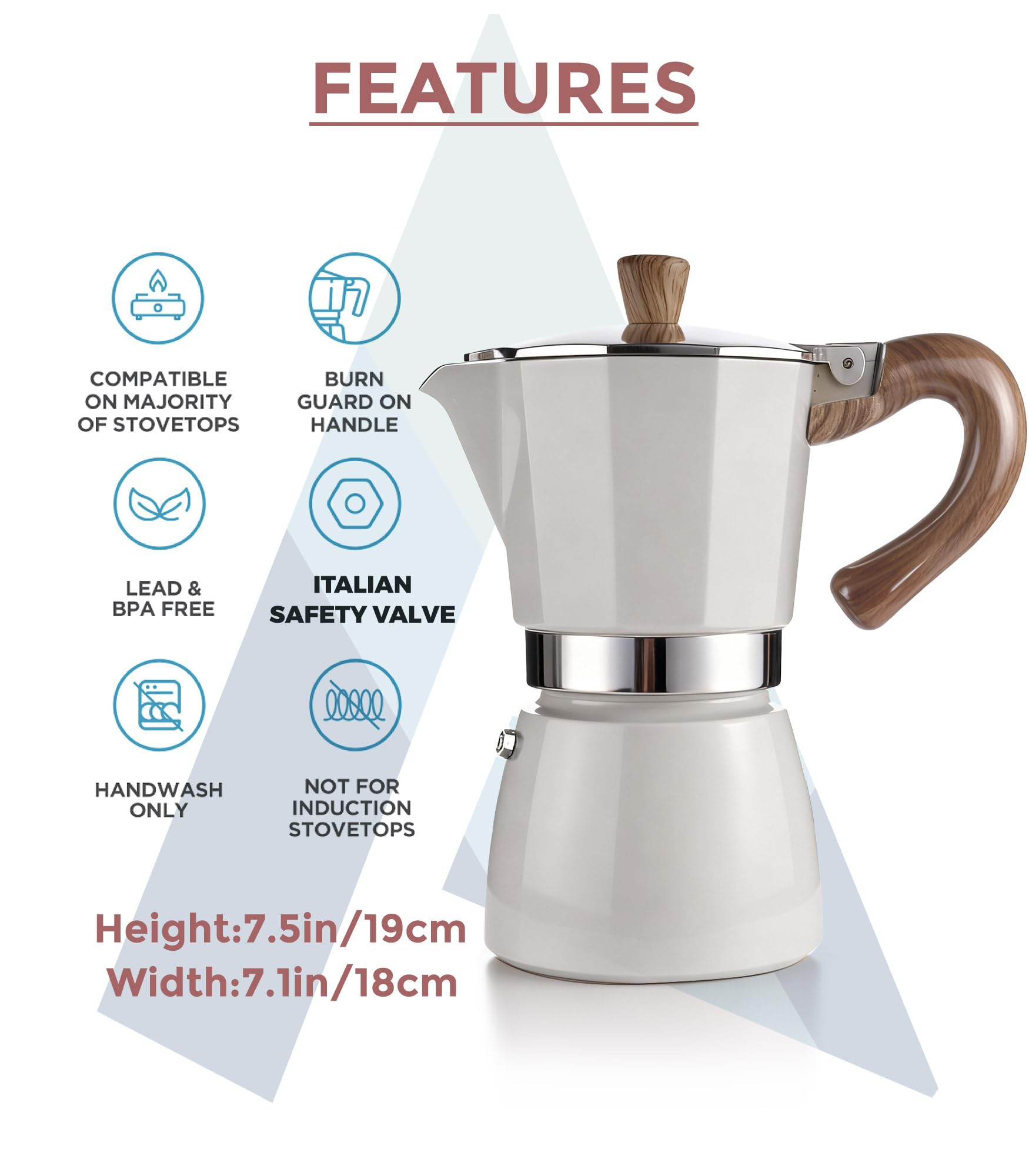 AGOGO Milano - Cafetera Moka, cafetera espresso para estufa, Greca, cafetera turca con filtro de papel, 6 tazas, color crema