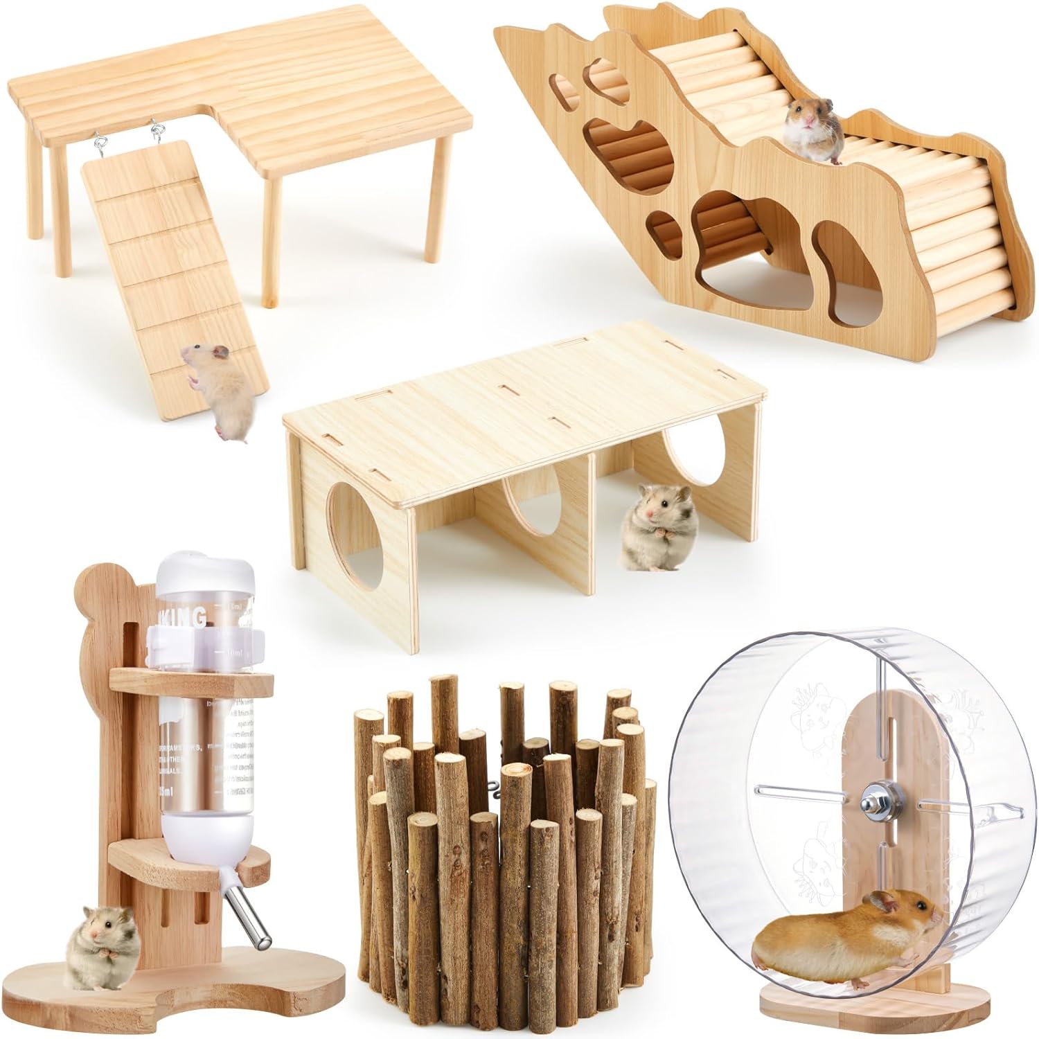 6 Pcs Hamster Toys Set, Maze Wood House, Climbing Ladder Wooden Bridge Tunnel Toy Platform Silent Exercise Running Wheels and Water Bottle Set for Rat Guinea Pig Habitat Cage(Basic)