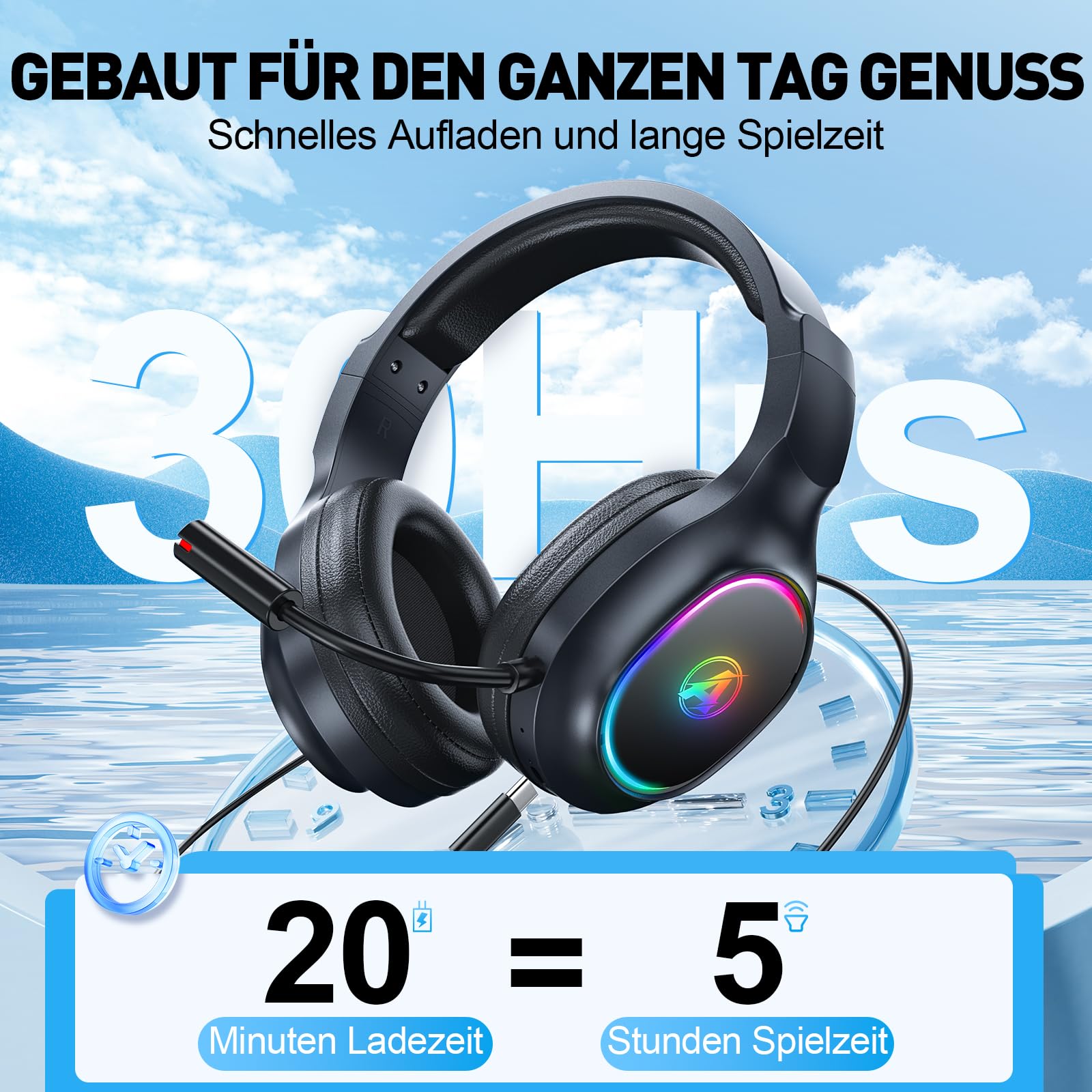 Wireless Gaming Headset für PS4, PS5, PC, Mac, Switch, 2,4 GHz Gaming Kopfhörer mit Geräuschunterdrückung und RGB Licht, Bluetooth Kopfhörer mit Kabel 3.5mm, Schwarz