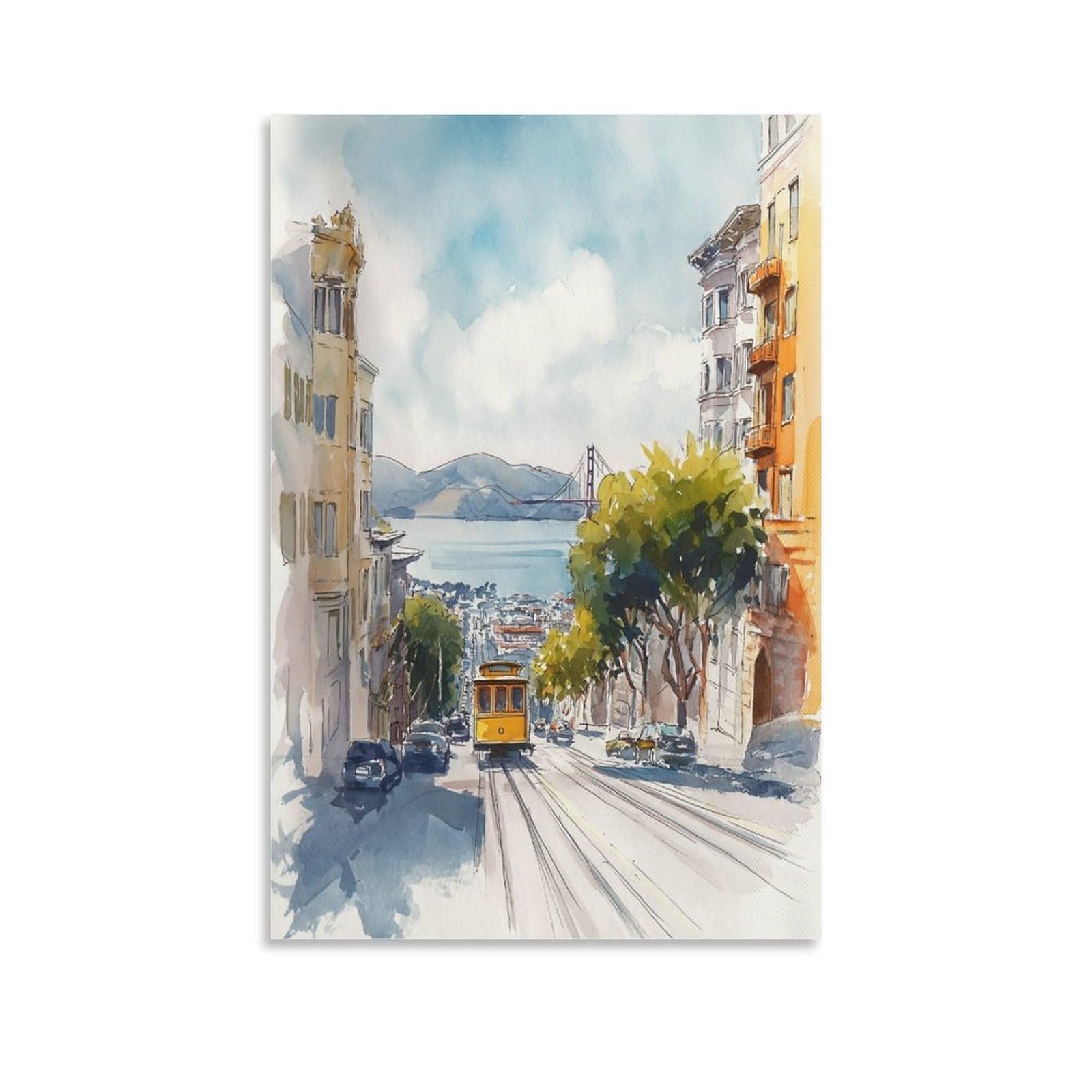 XWYMXZ Golden Gate Bridge Watercolor Painting San Francisco Travel Posters 20x30inch(50x75cm) Vintage Watercolor Canvas Art