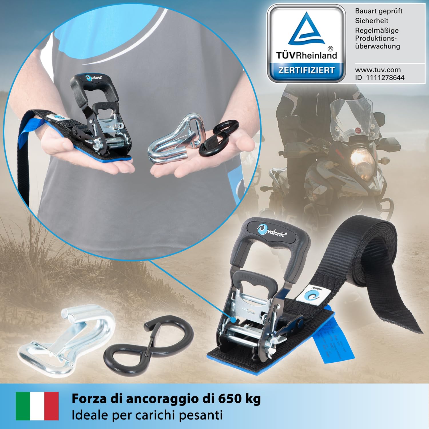 valonic PANTHER - 2x 2,25m cinghie di fissaggio con ganci per moto, 38mm, 650/1300 Kg, imbottitura, Certificato TÜV Rheinl. / GS, EN 12195-2 - distanza di fissaggio molto breve