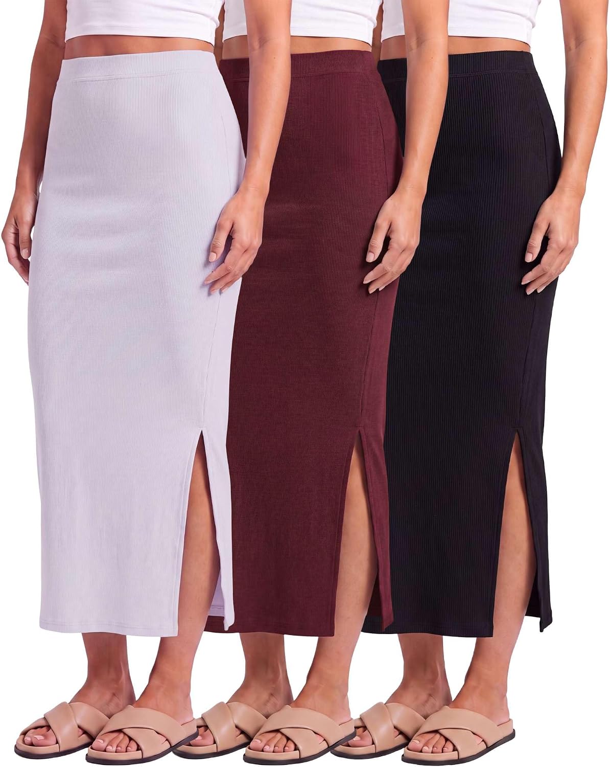 3 Pack Women's Ribbed Maxi Long Skirts High Waisted with Side Slit Pencil | Work, Summer, Business, Casual, Dressy, Cute, Office Trendy, Fall, Winter, Formal, Ladies, Stretchy, Faldas De Mujer