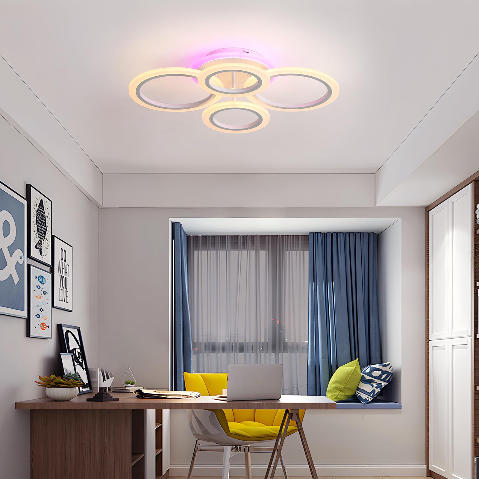 Plafoniera LED Soffitto 50W, 4 Anelli Dimmerabile con Telecomando | 3000-6000K, luce ambiente rosa/viola/blu, 3000LM, memoria, 10-100%, per soggiorno, camera da letto, cucina e sala da pranzo