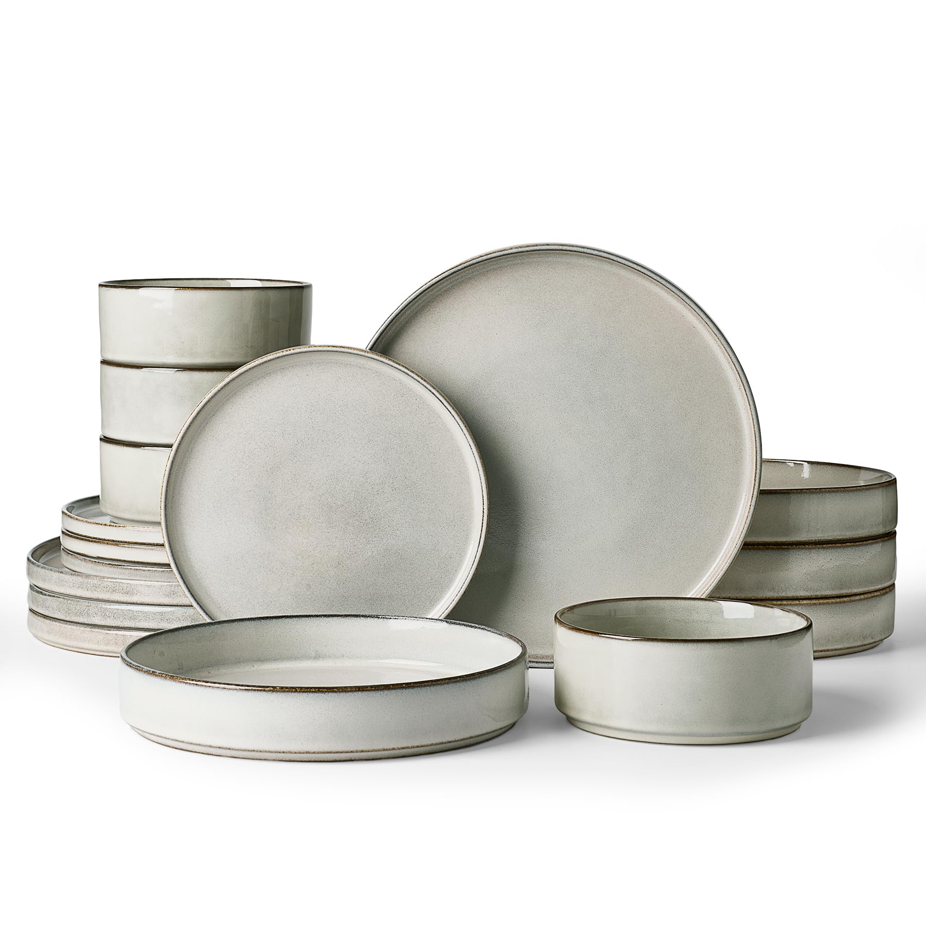 Famiware Annecy 16-Piece Dinnerware Set with Pasta Bowls, Grey White