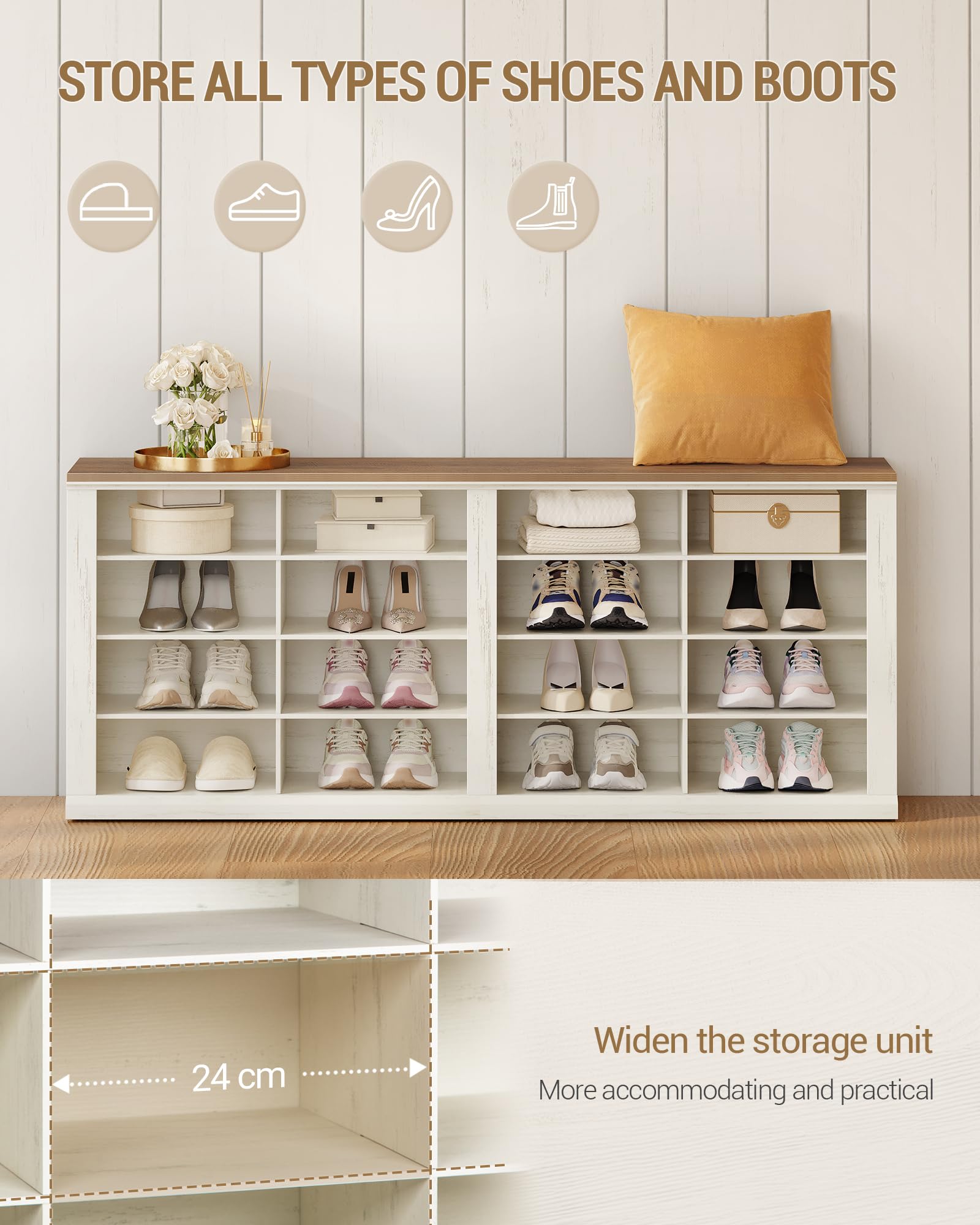 Hzuaneri Schuhbank, Schuhregal Mit Sitzfläche, Sitzbank Mit Stauraum, 16 Fächer, Geeignet für Wohnzimmer, Flur, Eingang, Platzsparend, 30 x 104 x 60,5 cm, Vintagebraun-Weiß SB24614X
