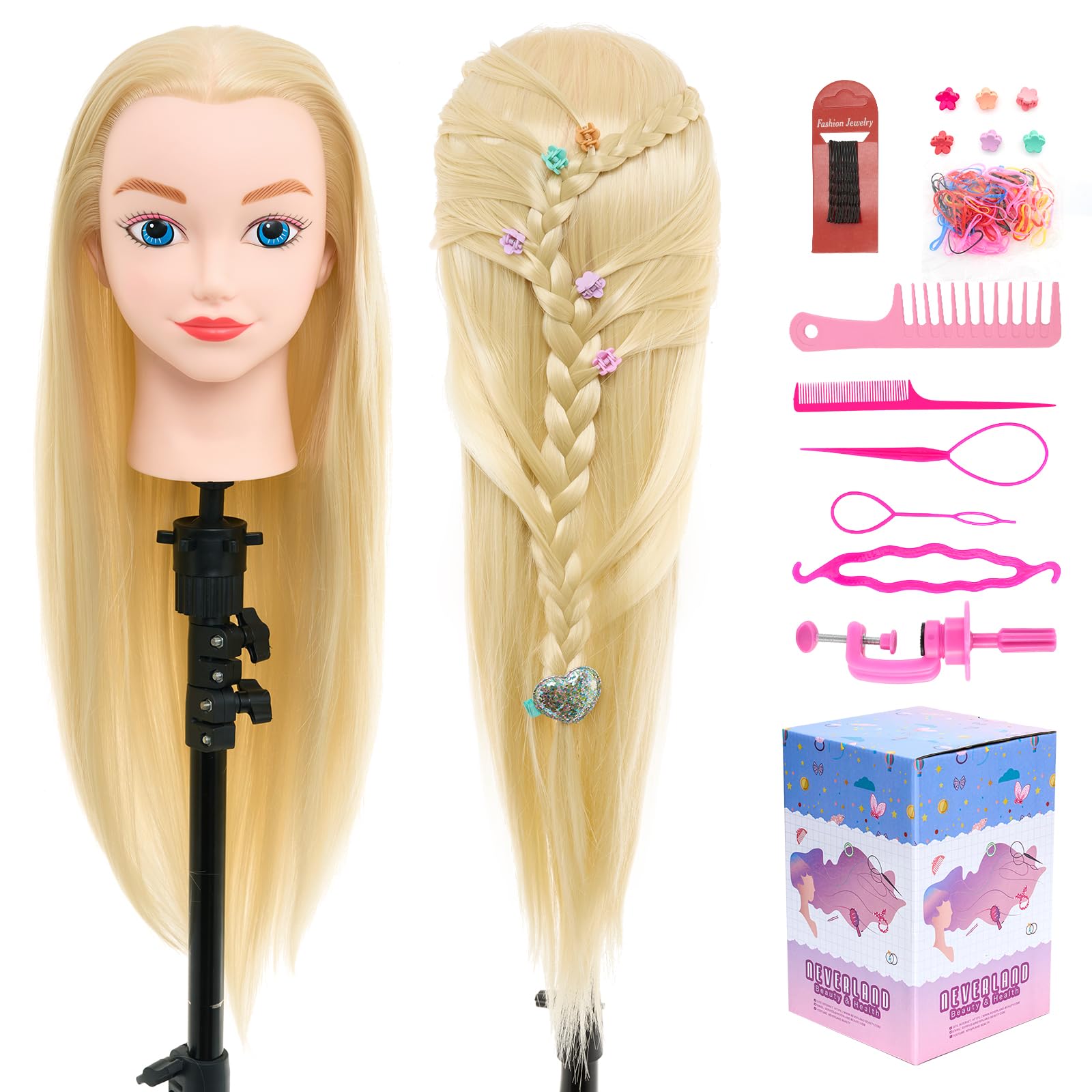 Neverland de 20 pulgadas Cabeza de peluquería 100% fibra pelo Cabeza de Entrenamiento Cabeza de Muñeca Muñeca peluqueria Muñeca de la Cosmetología con Soporte& DIY Hair Styling Tools