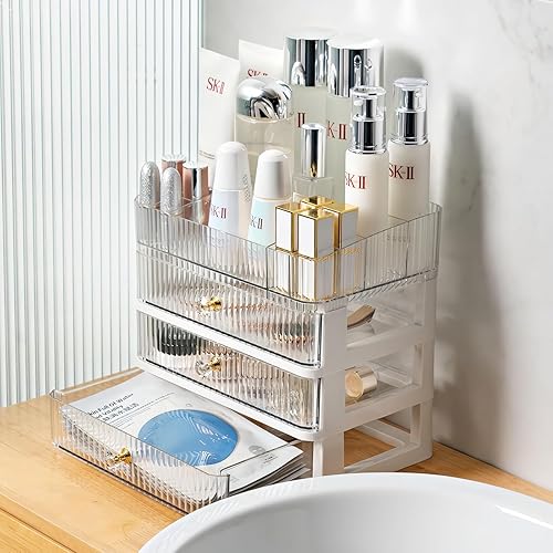Miniatura 6 de Simbuy Organizador de maquillaje transparente con 3 cajones, organizador de baño y almacenamiento, ideal para escritorio y tocador de cómoda,