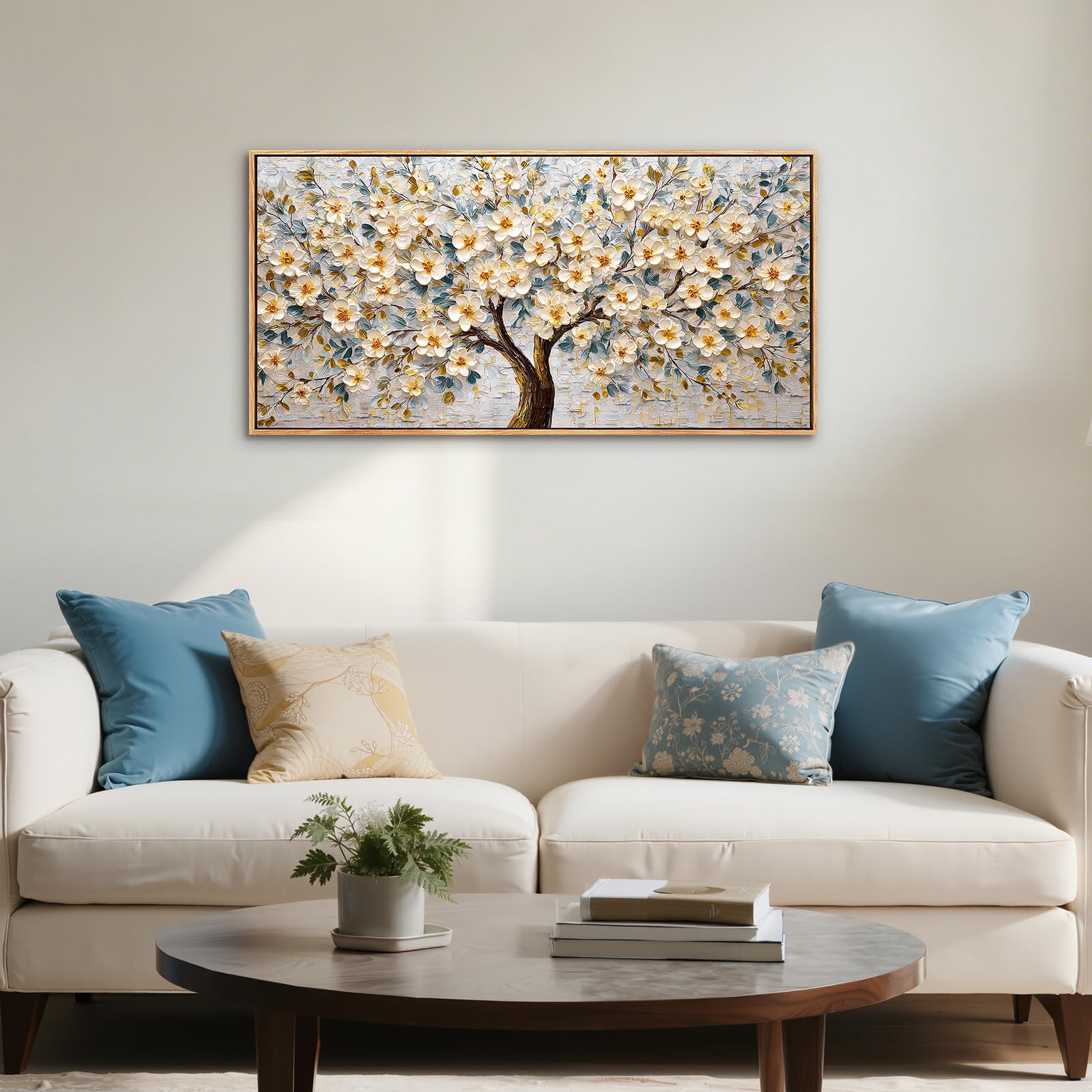 SERIMINO Quadro Moderno Albero Della Vita Fiori con Cornice 50x100 cm | Fiori Bianchi Oro, Stampa HD, Tela Pregiata, Telaio Legno Massello, Install Facile, Regalo Decorativo