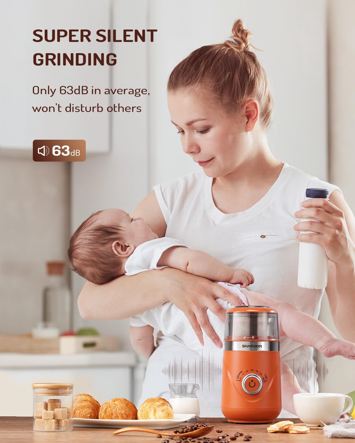 SHARDOR Electric Super Silent Blade Coffee Grinder, Timed Grind Control Rotary Knob, Adjustable Coarse to Fine for Coffee Beans, Spices & Herbs, with 1 Removable Stainless Steel Bowl, Orange