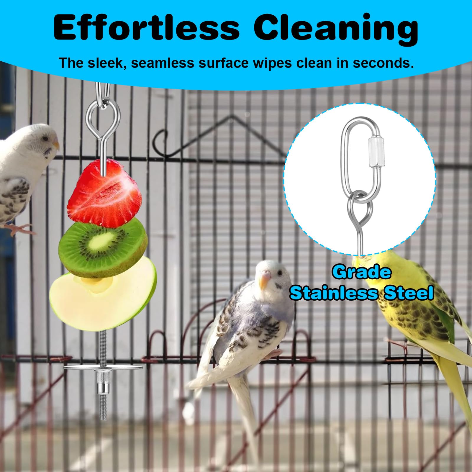 3 Pack Bird Cage Food Holder, Rat Foraging Toys, Stainless Steel Parrot Fruit & Vegetable Skewer Hanging Foraging Toy for Parakeets, Budgies, Macaws - image 6