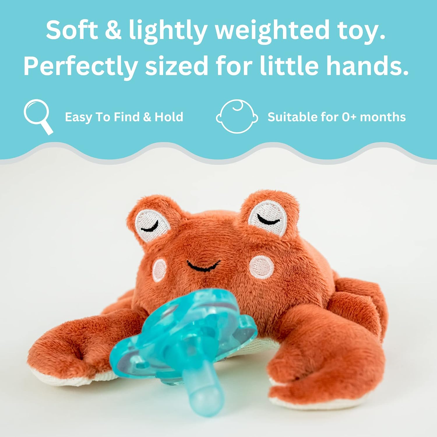 PaciBuddy Crab Pacifier Holder - Plush Toy with Detachable Pacifier & Universal Adapter, Gender Neutral Baby Gift for 0+ Months - Infant Plush Baby Toy, Versatile Baby Essentials, Binky