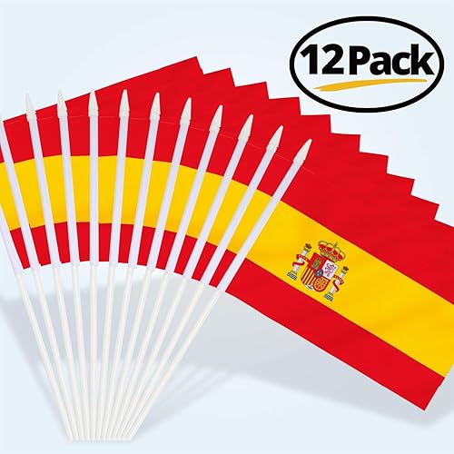 Miniatura 6 de Anley Paquete de 12 mini banderas españolas de España en barra, resistentes a la decoloración y colores vivos, 5 x 8 pulgadas con poste sólido y