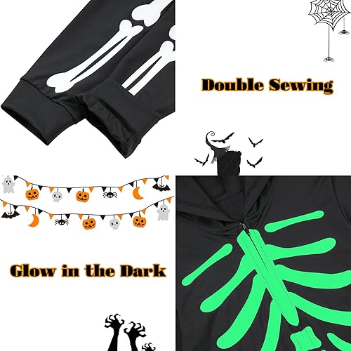 Miniatura 6 de Enlifety 1-8T Disfraz de esqueleto de Halloween para niños y niñas, overol de calavera que brilla en la oscuridad con capucha