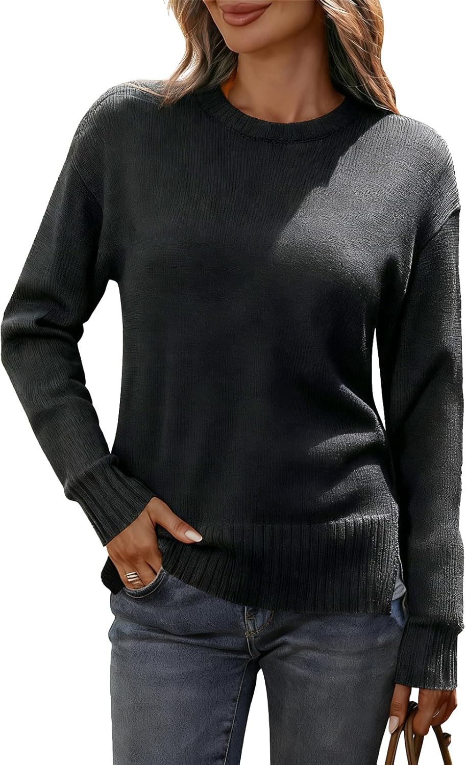 Women's Merino Wool Blend Sweater Crew Neck Side Slit Pullover - Image 2