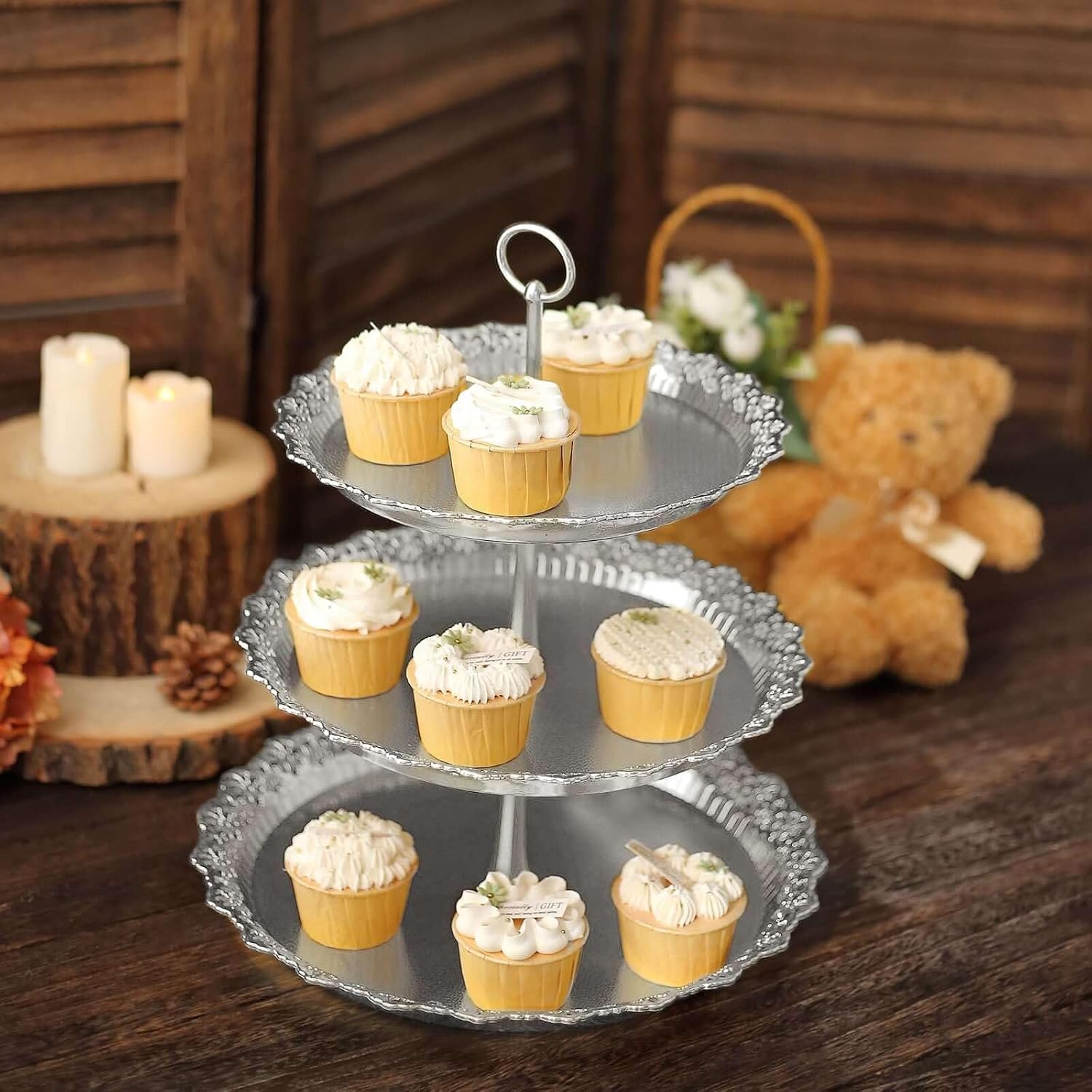 Efavormart 3-Tier Silver Cupcake Stand Lace Cut Scalloped Edge Dessert Tower, Decorative Baby Shower Pastry Display - 15" Tall