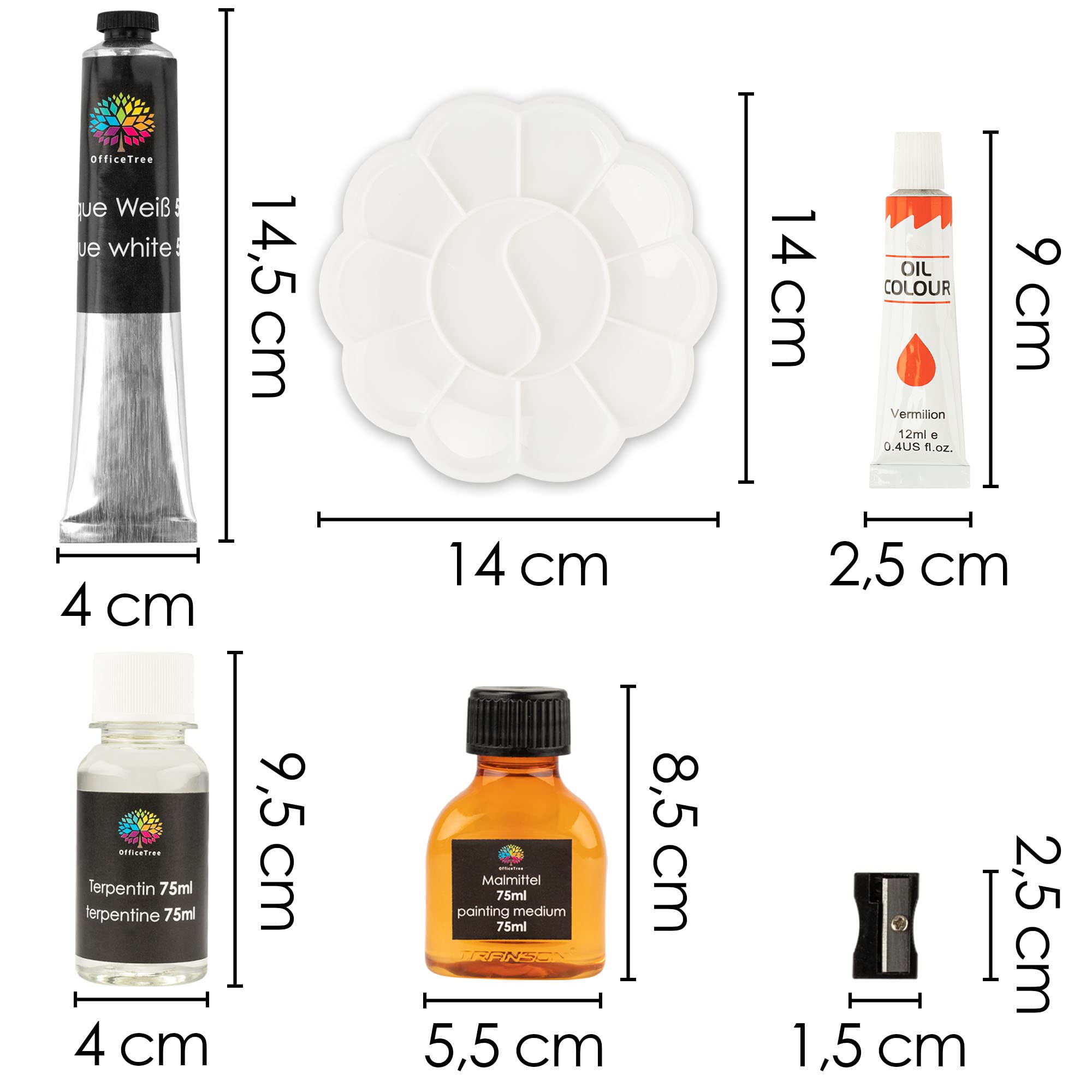 OfficeTree 24x 12 ml Kit pittura olio con pennello e tavolozza - Kit per la pittura con accessori - Colori ad olio per pittura su tela con trementina, fissante e blocco per pittura - Set dipingere