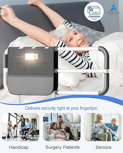 Miniatura 7 de Rieles de cama para adultos mayores, riel de asistencia de cama ajustable para personas mayores con luz de movimiento y bolsa de almacenamiento,