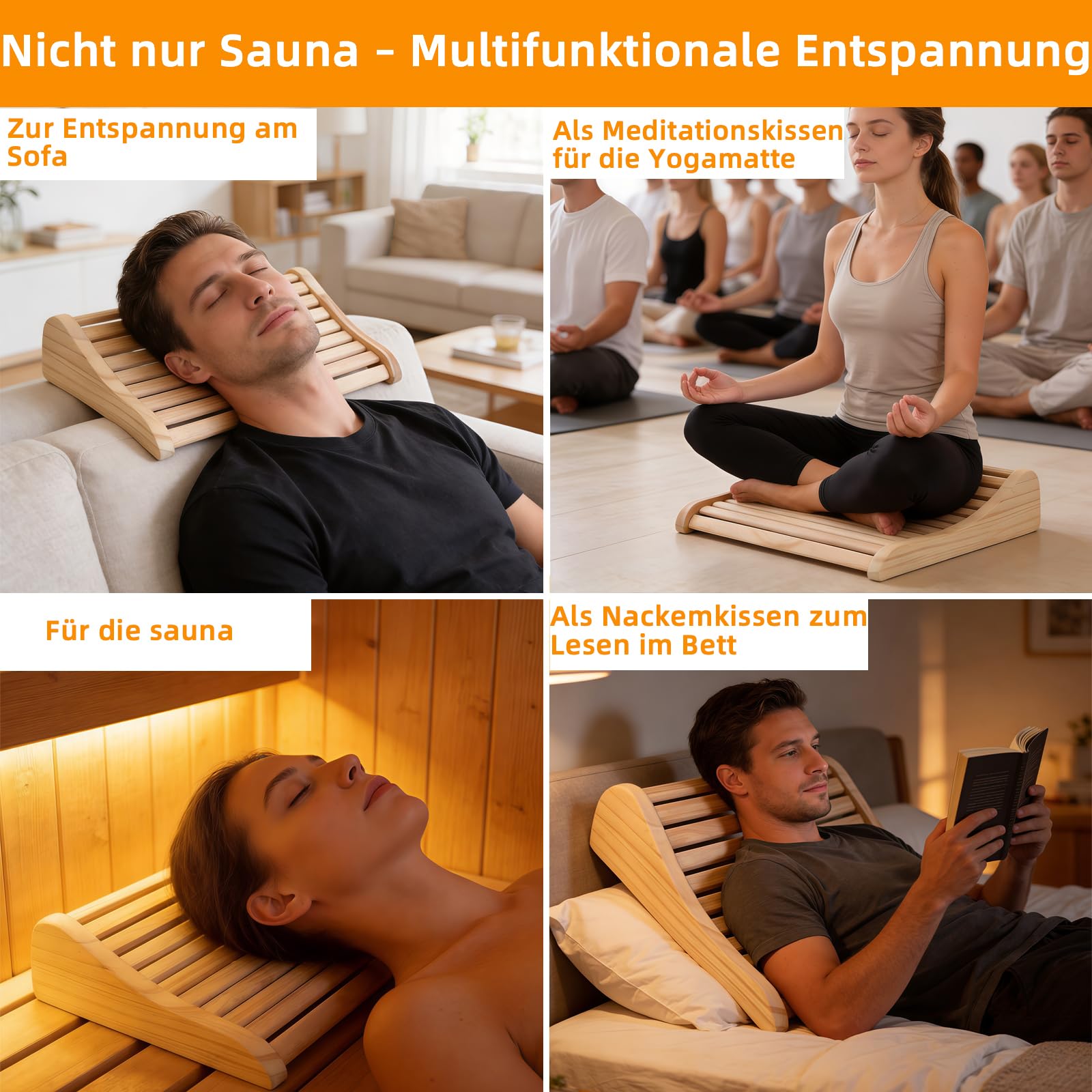 2 Stück Sauna Kopfstütze Holz, Ergonomische Saunakopfstütze Holz, Kopfstütze Sauna Holz für Sauna mit Luftzirkulation & Rutschfester Basis, Für alle Saunatypen inkl. Infrarotkabine & Dampfbad