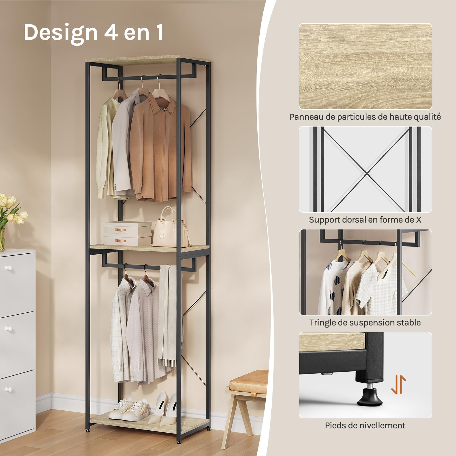 WOLTU Porte-Manteau pour Chambre Portant en Bois et Acier avec 2X Tringles pour Suspension Range-vêtements très Rubuste Noir + Chêne Clair
