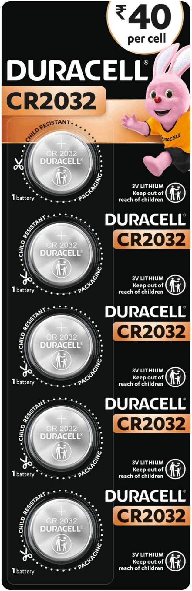 Duracell Specialty CR2032 Lithium Coin Battery 3V, Pack of 5 Suitable for use in keyfobs, scales, wearables and medical devices