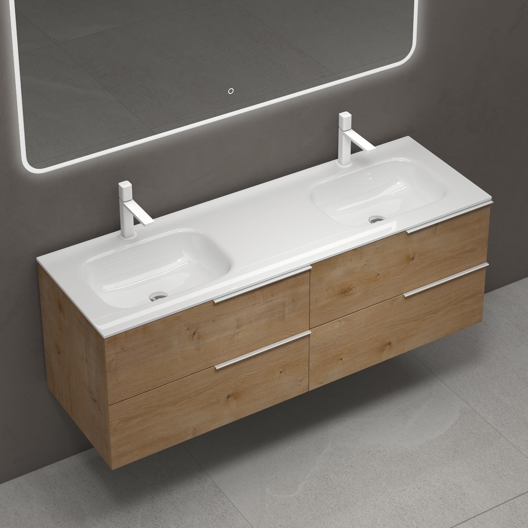 doporro Meuble de Salle de Bain Suspendu 144x48x50cm Ensemble de 2 Pièces | Chêne, avec Lavabo en Solid Surface, Design Vanessa
