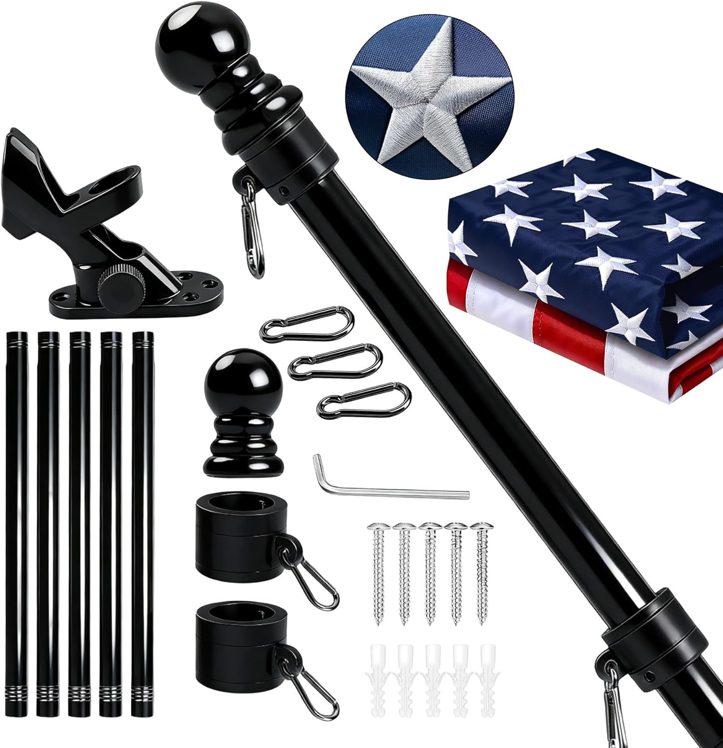 American Flags for Outside withPole,6FtHeavy Duty Flagpole and Exquisite US 3x5Ft Embroidered American Flag with Pole,Tear-Resistant DoubleNylon,Stars and Stripes Vibrant Color,All Weather (Black)